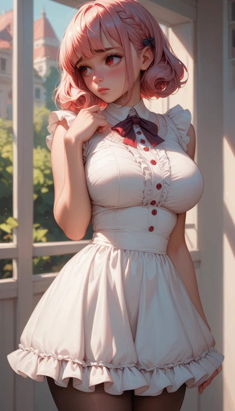 highest quality、((one girl:1.2))、Gita、blonde、short hair、15 years old、 ((big breasts:1.3))、full body figure、((embarrassed:1.3))、lift skirt、((white panties:1.1))、mini skirt、M-shaped spread legs、sit