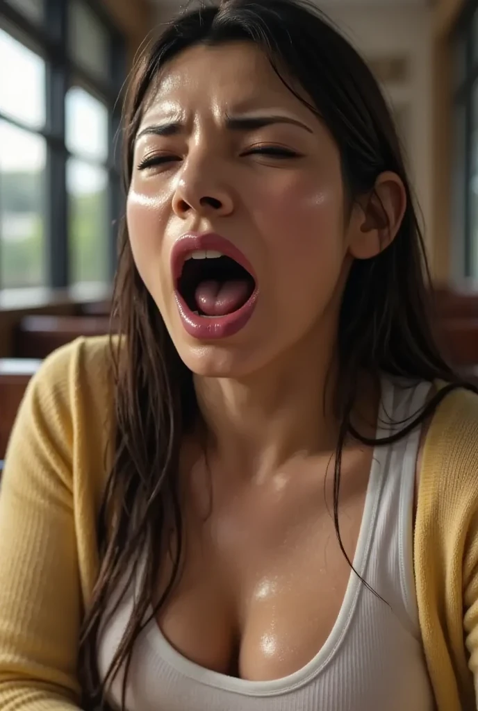 1girl, sitting, jewelry, black_hair, solo, building, city,moaning,open mouth,sexy face,closed eyes,moaning expression,close shot,upper body