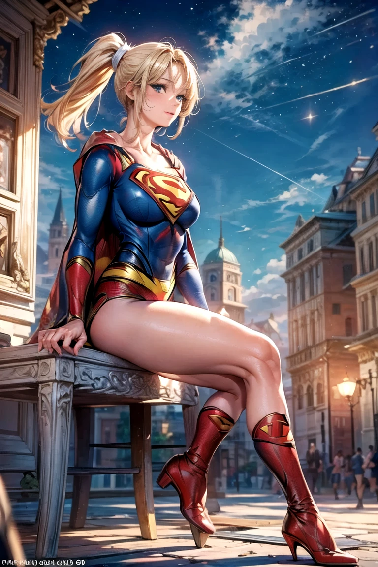 nijistyle, Cowboy shot of beautiful woman in Superman costume, Long Blonde Hair, Heroic, Glowing red eyes, laser eyes, Cape, Particle, nigh sky, stele, skyporn, Red skirt, Red boots, Sexy Pose, large udder, Stretch one hand above your head, flitting around in the sky,