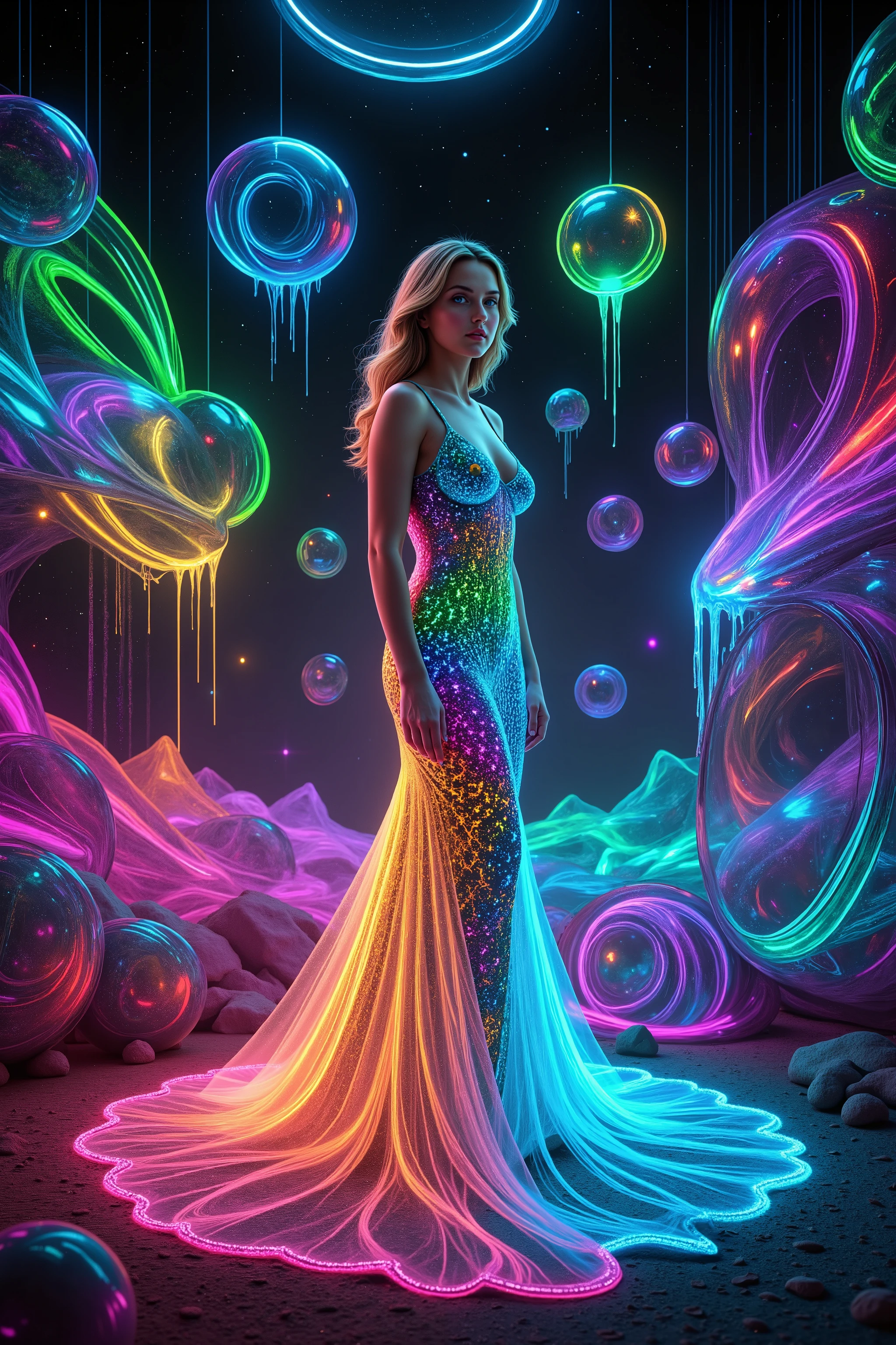 Extreme glow and shine reflect off glass orbs glass bubbles in a room full of mirrors. Blonde young woman, very attractive, her mermaid, bell shaped dress is glowing within, and opens up, leaving several yards of material on the floor around her. Around her, reflective mirrors reflect all the objects. Incorporate perfect symmetry and rotational symmetry. A psychedelic dream, vibrant colors shimmering, glass morphing from colors, intricate rainbow patterns twist in and out of objects while dripping into each other, perfectly formed symmetrical spheres and glowing reflective bubbles, extreme attention to detail on the bubbles and spheres, rainbows of color twist out of translucent orbs, swirls of paint, and spirals of color in the background, beautiful psychedelic neon colors, 4d mandelbulb psychedelic underwater brightness, trails of color and light, bright fluorescent colors, psychedelic vibrant colors, bright psychedelic neon colors, colorful paint drips out of the bubbles, 3D glass spheres melting into each other spilling out colors, visually disorienting, hallucination inducing, optical illusions, startling, stunning images, awe-inspiringly, best quality wallpaper, portrait photography, surrealism, photorealistic, hyper detailed, glass morphism, sparkle, optical illusion, glowing light, reflection light, overexposure, god rays backlighting, depth of field, rotational symmetry, UHD, high details, high quality, super detailed, best quality, award winning, Masterpiece. Spheres reflecting light everywhere and it brings out images and optical illusions for the viewer's disorienting experience of looking at it. Super bright neon Colors.** incorporate bright neon green, neon blue, neon purple, neon yellow, &blood red**Extreme glow and shine.