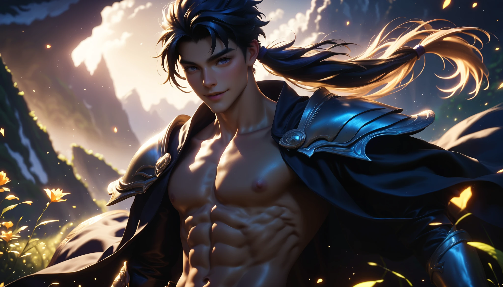 a skinny boy, younger than aged 20 old, with splendid long blond hair, he is tanned, with a sweet facial expression, he is in an enchanted forest dressed like a fantasy archer warrior with an happy white bunny near him, he is naked, hairless body, slim abs, he is showing his slim body, he is wearing a light archer armour with a bow in his hand, while he see a golden sunset over the stunning mountains covered by dark clouds with fantasy bufferflies around
