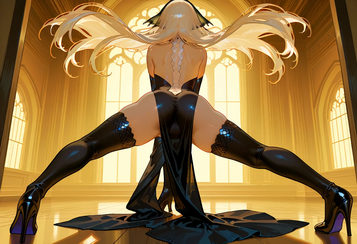 ((((Obra maestra, La mejor calidad, ultrahigh resolution)))), 1girl, standing, (sexy latex costume), ((long yellow hair, yellow hair over eye)), long hair cut, shiny skin, ((blue eyes)), glowing_eyes, neon eyes, (ultra detailed eyes:0.7, beautiful and detailed face, detailed eyes:0.9), ((centered)), smile, ((wide shot)), facing viewer, ((vibrant background, bright lighting, summer, sunlight)), flat chested, looking at viewer, ((half closed eyes)), ((perfect hands)), (((head:1, arms, hips in view, elbows, arms, legs, in view))), ((hands behind back)), empty eyes, beautiful lighting, ((outside, outdoors)), defined subject, head tilt, (((gritty)), ((creepy)), ((cool)), ((beautiful)), (((SFW))), seductive smile, seductive woman, sexy woman, teasing, Translucent Bunnysuit, wearing nothing, open chest, open shoulders, translucent stocking,
