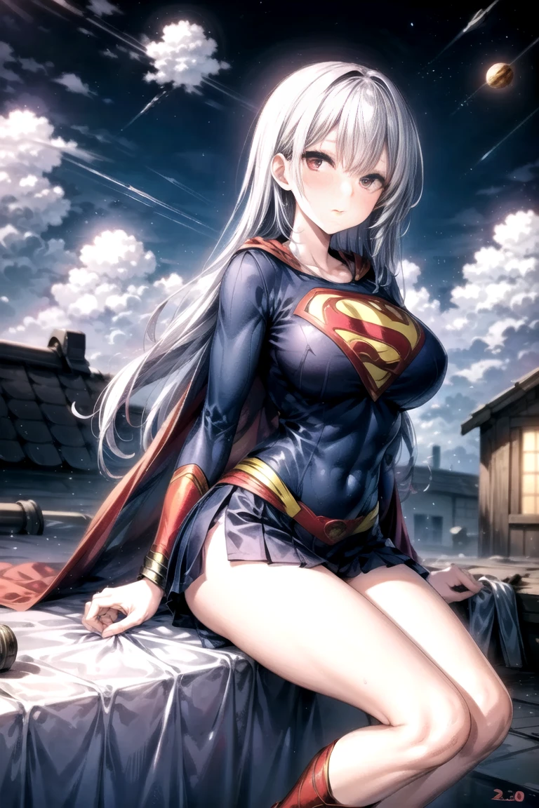 ((highest quality, masterpiece, disorganized) ,supergirl,sleeping face up in bed,Crab crotch,please show me your boots , 17 years old,long hair, hair with volume, hair loss, expressive eyes,Blue Bodysuit,red skirt,red heel boots,blue leotard,view of other buildings ,defeat,detailed description,solo 1 girl,