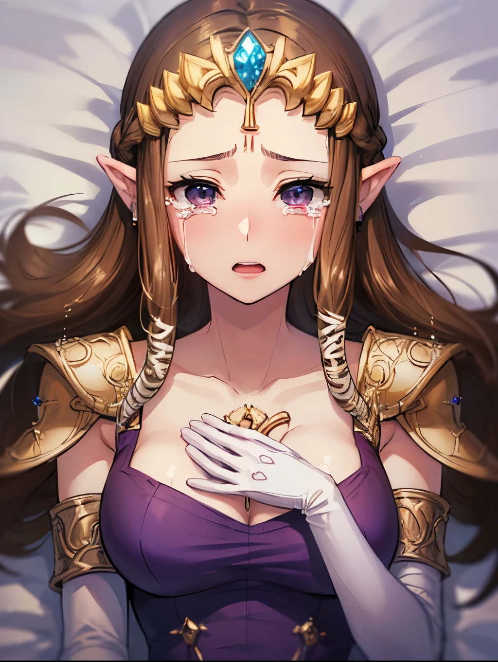 ((Overhead Shot))((Hands on face)),((((Drooling)))),(((Face close-up))),(((Open your mouth wide))),(((Crying))),((((Please lift your skirt)))))),((Upper Body)),((alone)),((),Anime art style,masterpiece,(Highest quality), (Super detailed),(Very delicate and beautiful),(alone),(detailedな顔と目),((Close your eyes)),(A truly gorgeous jeweled ruffled rococo ball gown dress),(((Mature Woman,Queen))),((1 Queen in a beautiful embroidery and jeweled absolutely gorgeous rococo ballgown dress with voluminous full length hoop skirt)),((crinoline)),,((Straight hair galore,Very long straight hair with plenty of volume,Super long straight hair)),,Cleavage,(bed),length_gloves,Very gorgeous hair accessory,Sparkling、((((Front Face)))),((((Adult Expressions)))),((((Beautiful Face)))),((((dress)))),((smile)),(((Long Hair)))),((((Straight hair)))),((Cleavage)),((((Dark brown hair)))),Princess Zelda,((chest is slightly exposed)), ((Highest quality)),,(Very detailed) ,((Purple blouse)),((Put your arms behind your back)),Brown Hair,((Embarrassed look)),Blushing, ((Highest quality)), (Very detailed),((detailed)),(((pray))),Nintendo, The Legend of Zelda),Crying face,Blushing,((alone)), ((Highest quality)), (Very detailed), ,