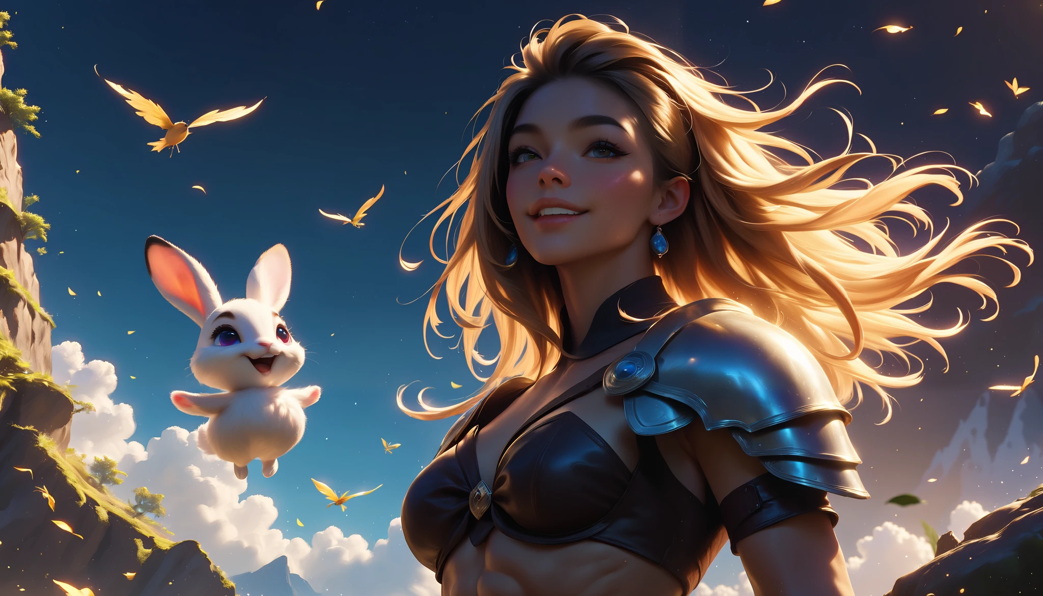 a stunning woman, younger than aged 20 old, with splendid long blond hair, she is tanned, with a sweet facial expression, she is in an enchanted forest dressed like a fantasy archer warriores with an happy white bunny near her, she is naked, fantastic body, slim abs, she is showing his slim body, he is wearing a light archer armour with a bow in her hand, while he see a golden sunset over the stunning mountains covered by dark clouds with fantasy bufferflies around