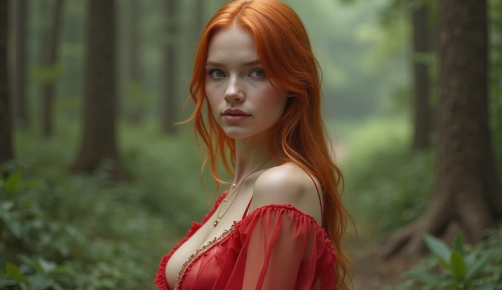 25 year old woman with waist length copper colored hair, White skin, green eyes, fox ears, Fox tail, full frame in the forest, full length, in a transparent red robe, From top to bottom, Breast exposure, nude body, beautiful detailed eyes, beautiful detailed lips, extremely detailed eyes and face, long eyelashes, high quality, 8 thousand., hyperrealistic, photorealistic, physically based rendering, bright colors, studio lighting, complex parts
