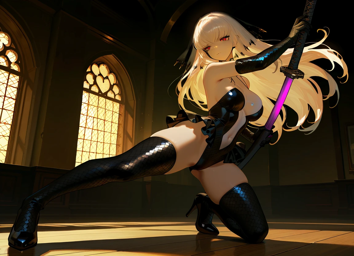 (long hair, black hair:1.3), forehead, forehead mark, muscular female, anatomically correct, mature female, curvy, heavy breathing, huge breasts, best quality, masterpiece, high quality, high details, highres, HD, (shaded face:1.2), hollow eyes, blue eyes, looking at viewer, seductive smile, Masterpiece, holding sword, weapon, 1girl, leotard, white_leotard, katana, breasts, holding, holding_sword, solo, thighhighs, holding_weapon, thigh_boots, gloves, dress, thighhighs_under_boots, thighs, (shaded face:1.2), hollow eyes, yellow eyes, looking at viewer, heavy breathing, smirk, upper teeth, lips, forehead mark, makeup