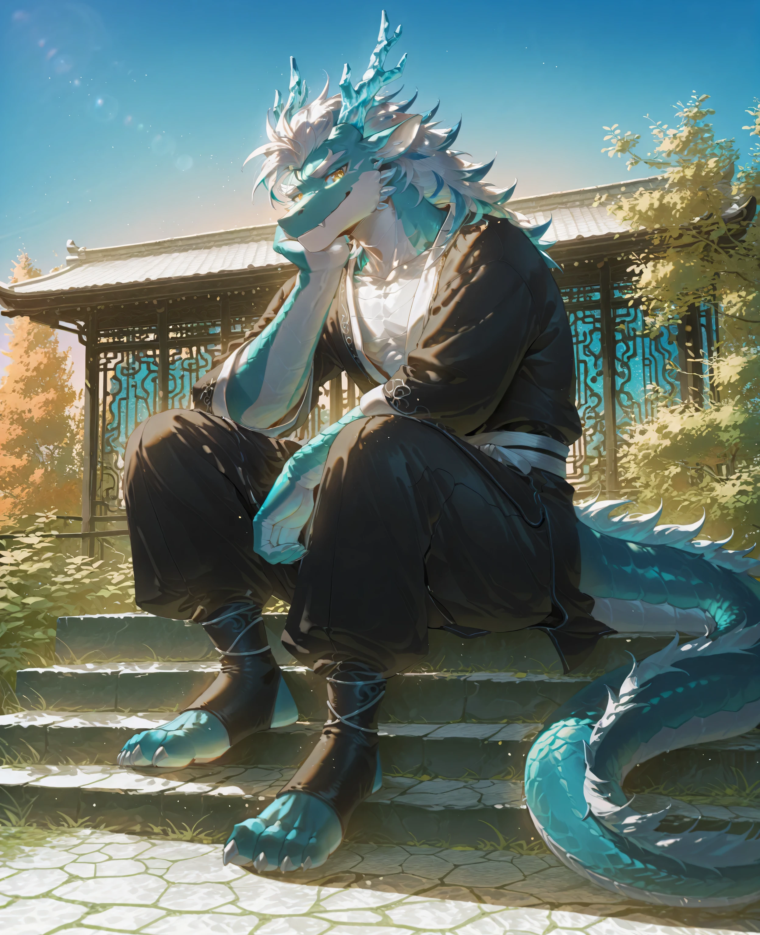 sfw,1boy,solo,male focus,furry male,furry,anthro,(slender muscle:0.2),(eastern dragon),(light ice_blue scales:1.5,two-tone body,mane),dragon crystal horn, blue antler:0.7,(white hair,blue_streaked_hair,short hair,ombre hair),white eyebrow,(detailed eyes,amber eyes,detailed pupils),snout,animal ears,dragon ears,dragon tail,(skinny:0.3,),(outside,in suzhou garden,buildings,ancient garden,blue sky),absurdres,sitting on steps ,cool pose,(Chinese costume,wuxia uniform,black and white Hanfu,pants,toeless_footwear,),(peaceful face,smile),absolute_territory,cowboy_shot,from_side,looking_at_viewer,sunset glow,break,masterpiece,highres,amazing quality,best quality,newest,break,((lindong:0.8),(by null-ghost:0.8),huashijw,(asteroid_ill:0.8),(smile \(qd4nsvik\):0.9),(wolftapioca:0.3),(chunie:0.5),cg,highres)),sfw