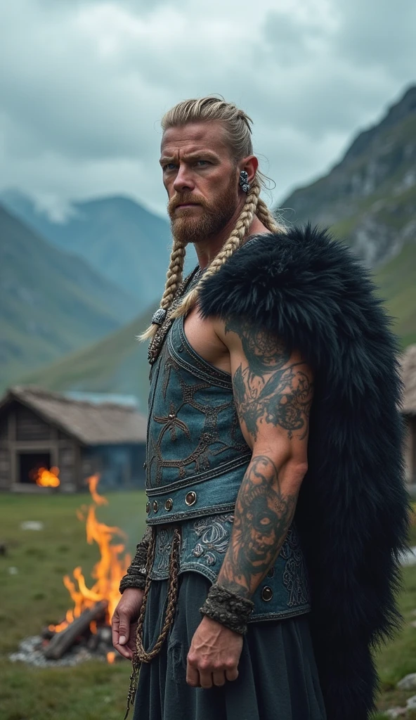 1boy, photoshoot, portrait, a haunted Norwegian man with piercing eyes in scavenged armor amidst a colorful post-apocalyptic landscape,  (((medium shot))), (((half body))), wielding vibrant weaponry, mutated flora with bioluminescent glow, remnants of a destroyed city painted in bright graffiti, and ominous storm clouds in vivid shades