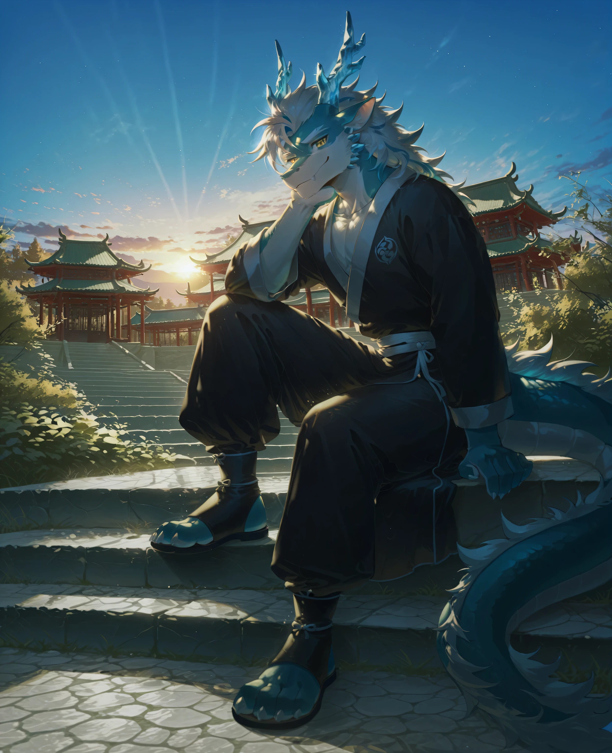 sfw,1boy,solo,male focus,furry male,furry,anthro,(slender muscle:0.2),(eastern dragon),(light ice_blue scales:1.5,two-tone body,mane),dragon crystal horn, blue antler:0.7,(white hair,blue_streaked_hair,short hair,ombre hair),white eyebrow,(detailed eyes,amber eyes,detailed pupils),snout,animal ears,dragon ears,dragon tail,(skinny:0.3,),(outside,in suzhou garden,buildings,ancient garden,blue sky),absurdres,sitting on steps ,cool pose,(Chinese costume,wuxia uniform,black and white Hanfu,pants,toeless_footwear,),(peaceful face,smile),absolute_territory,cowboy_shot,from_side,looking_at_viewer,sunset glow,break,masterpiece,highres,amazing quality,best quality,newest,break,((lindong:0.8),(by null-ghost:0.8),huashijw,(asteroid_ill:0.8),(smile \(qd4nsvik\):0.9),(wolftapioca:0.3),(chunie:0.5),cg,highres)),sfw