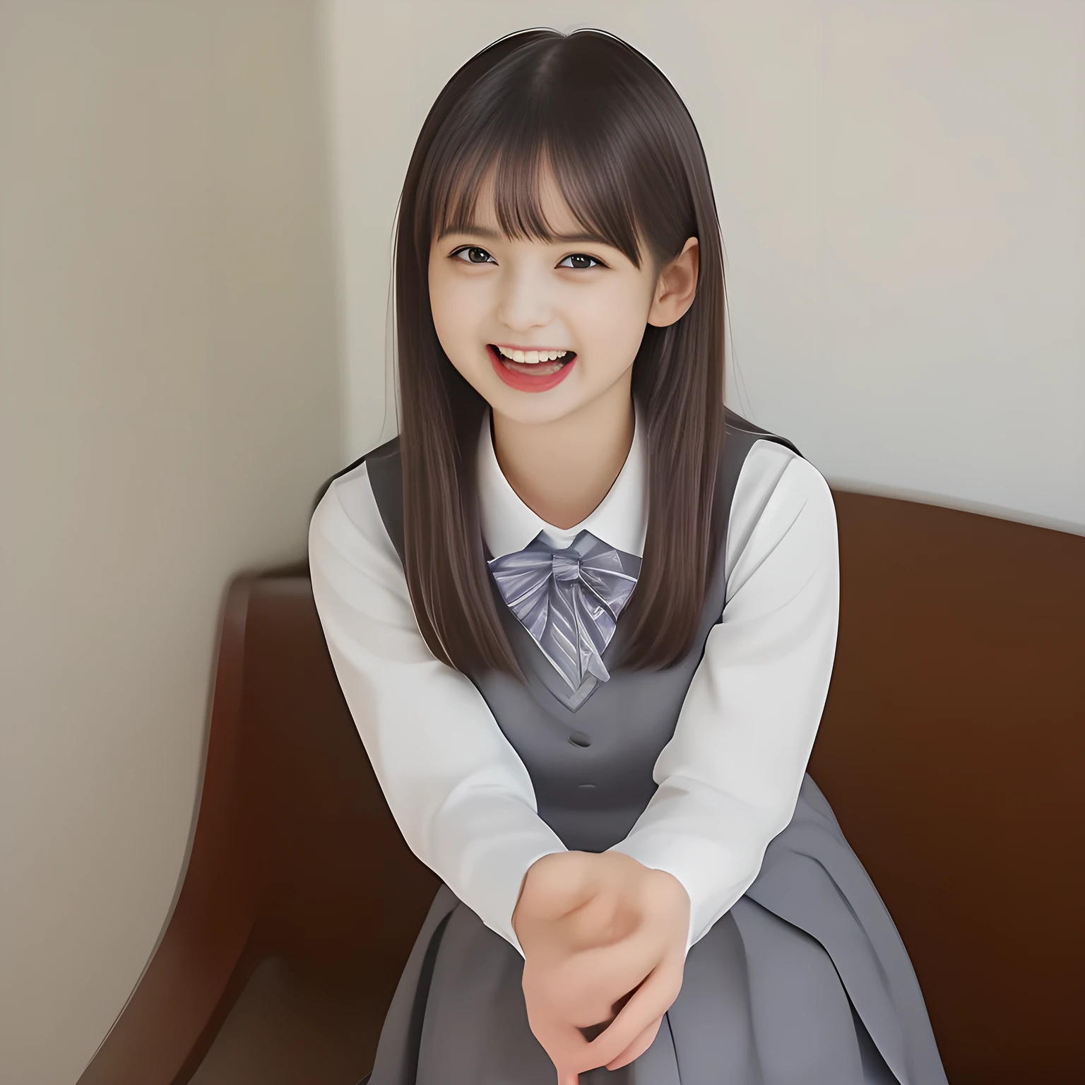 (highest quality, masterpiece, high resolution:1.2), 4K, (Photo quality detailed foreground: 1.2), geometry, ((Two yo too beautiful girls), Cute noble beautiful slender girl girly very-long-hair Japanese photo model seated in a white room and looking at the viewer with her too beautiful eyes like ( fashion model's laughter): 1.3), (Using expensive face-whitening cosmetics to make her skin more beautiful and pure by professional makeup artist: 1.5), (devious girlish fascinating laughter in bliss, devious girlish pose: 2.0), Laughing cutely, ((Dark blue) Japanese school girly vest Uniform with neat girly light-yellow short-sleeves school blouse, puffed short sleeves: 1.2), (white socks and school loafers, kicking back: 1.5), (Dark red glossy glossy school ribbon on the breast: 1.0), (Extremely laughing cheeks: 1.8), (Beautiful light-amber large clear open eyes with balanced and detailed cutely: 1.4), (double eyelids: 1.0), (highly curled bangs: 1.2), (Expressing the greatest joy with her whole body: 1.2), (Glossy lips: 1.0), (too long very straight hair reaches her hips: 1.7), (cute earrings), (making the viewer crazy with her beautiful hands: 1.6), (white and clear skin: 1.0), (Laughing 13 cute princess's eyes looking at me: 0.8), (Very shy, cute, slender, pretty, pretty, too girly & Girlish: National Beautiful Girl Grand Prix winners: 2.0), (Everything is organized to have strong effect of hypnosis for the viewer to fall into happy dream with many beautiful girls: 1.5), (The viewer must be transferred to the world of only beautiful girls right now when he sees the eyes of girls in the picture: 2),(Tight waist, slender: 1.5), (The neat girls know well about the viewer's super fetishism for school uniforms, and satisfies the viewer completely with skirt: 1.9)