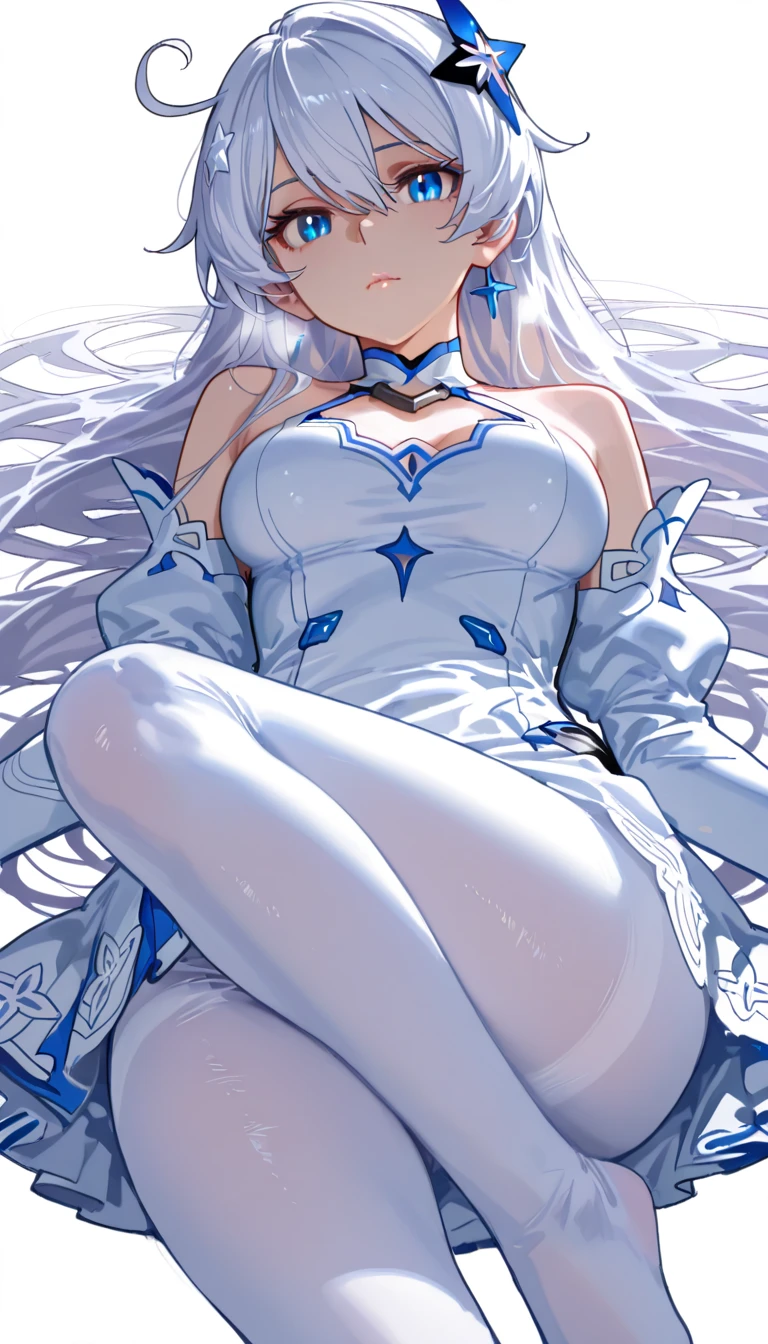 Wallpaper, highly detailed, best quality, 1girl, long white hair, blue eyes, highlighted eye, white dress with blue details, blue ornaments, white castle on top of mountain, night sky with full moon and stars, light coming from the moon,