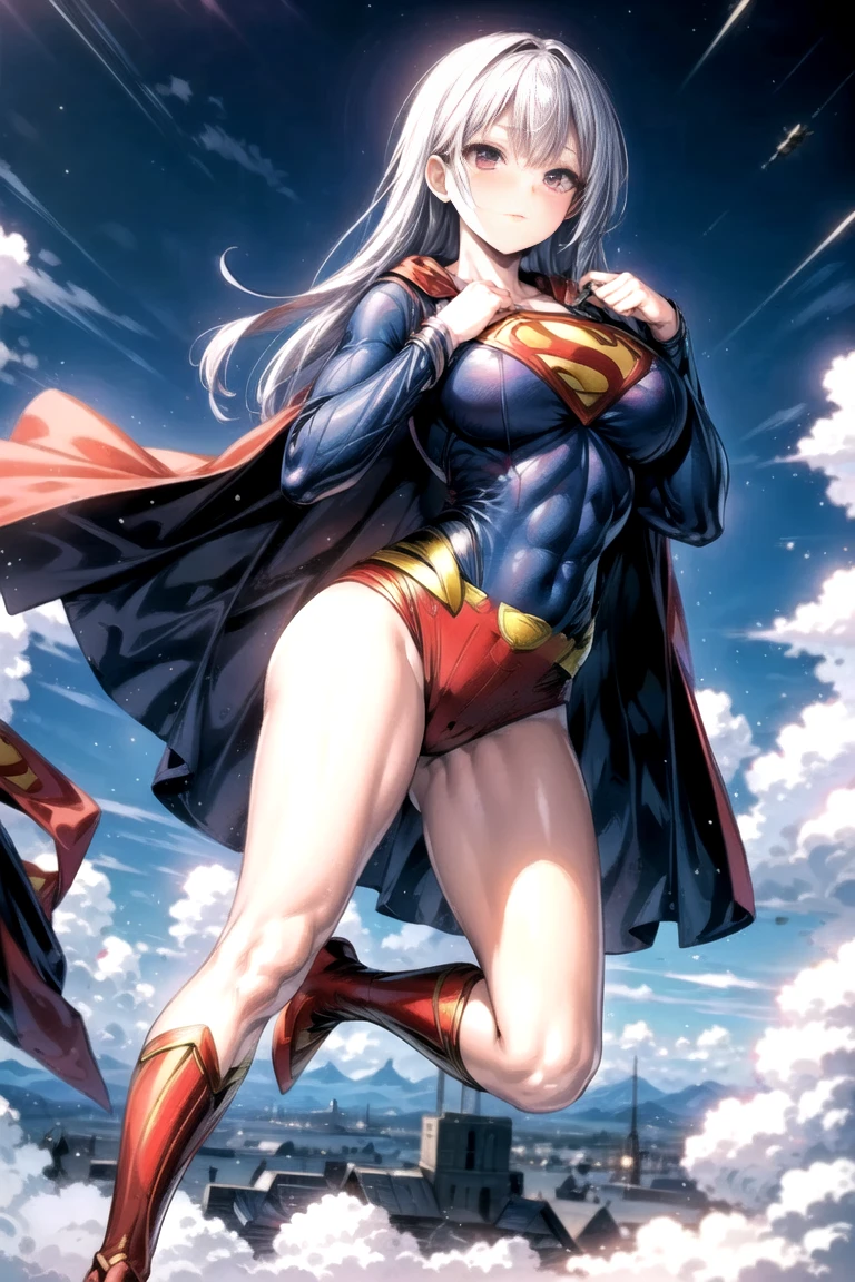(whole body), (masterpiece:1.2), (Highest_quality:1.2), (Ultra_detailed:1.3), 8k,Low - Angle,From below,1 girl,alone,Big ass girl, Annoyed face,Glare,Viewer ID Chest, barefoot,Red long boots,3D Rendering, Superman_oc,( Supergirl),Laura Bodewig, Long Hair, (Red eyes:1.3), Grey Hair, Eye patch,Blue leotard,Red Cape,gloves,Simple Background,White Background,(Squat with your legs apart,Raise your arms back),