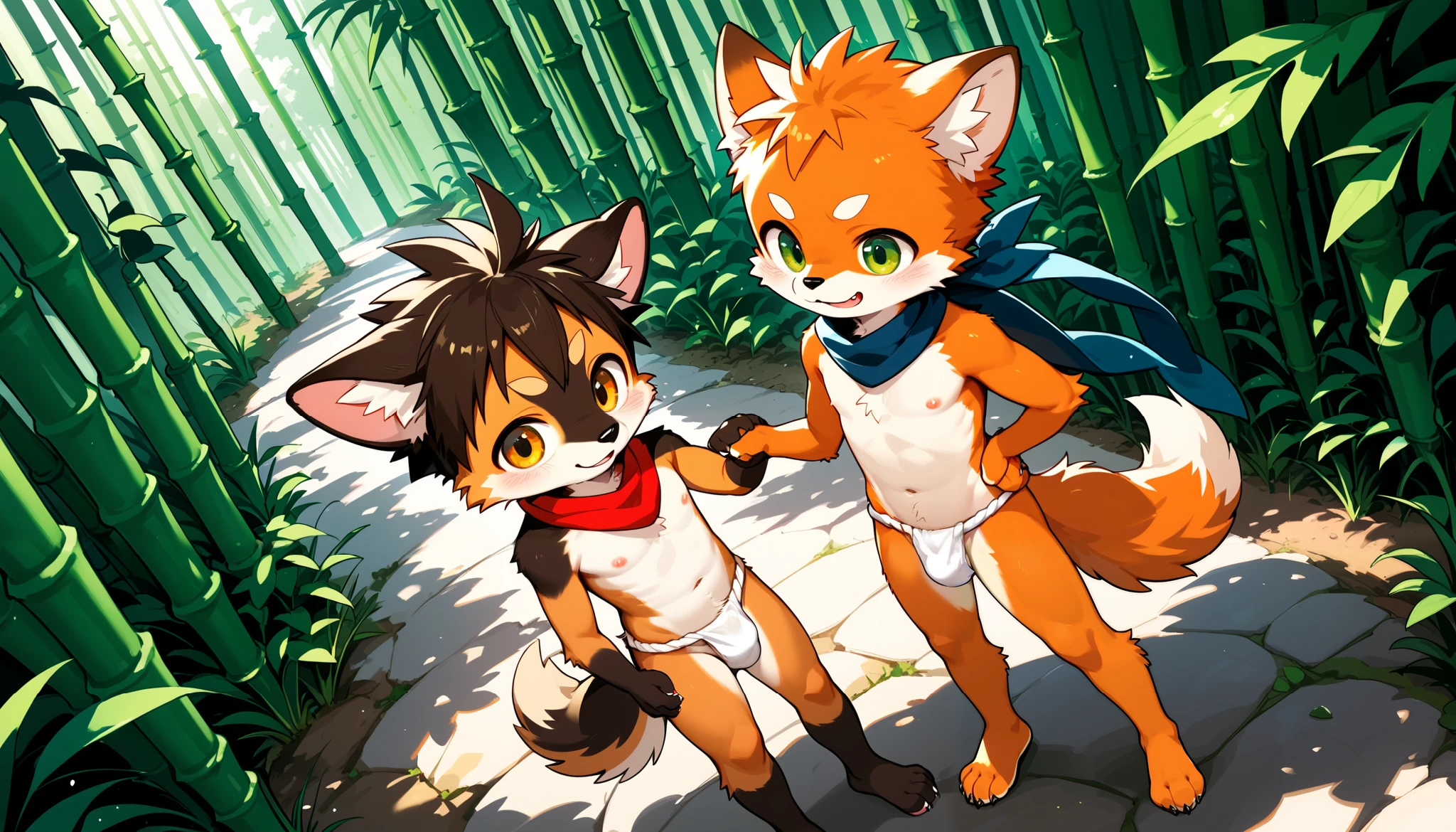 kemoshota boys, 2 boys, short-height, dynamic angle, scarf, tail, ninja boys, shugyo, bamboo woods, fundoshi