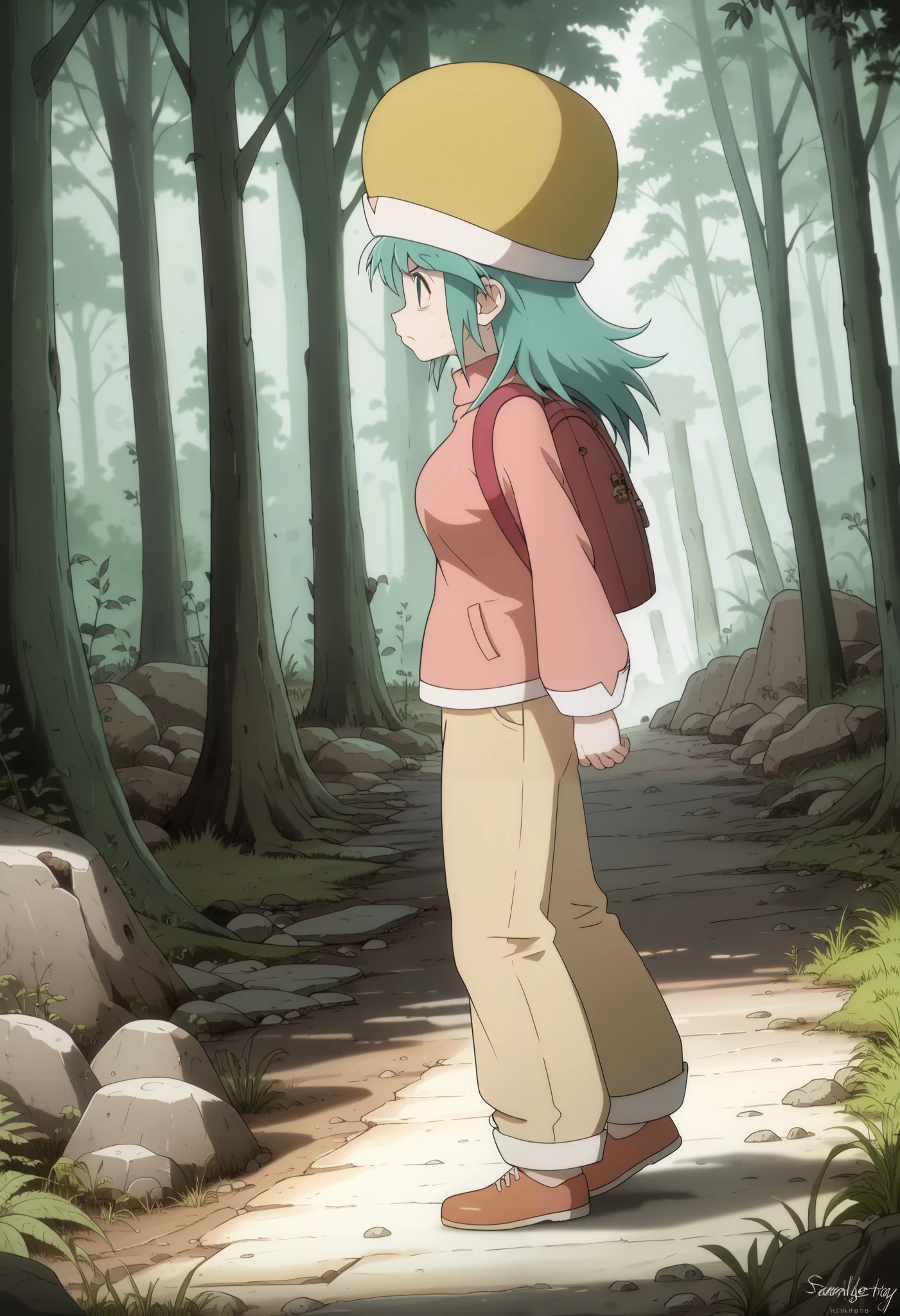 ponzu, hat, light blue hair, light blue eyes, solo, score_9, (ultra nude breasts:1.2, ultra huge tits:1.2, ultra huge cleavages:1.2, ultra huge boobs:1.2), long sleeve pink shirt, red long pants, backpack, shoes, in deep forest, trees, grasses, rocks, solid floor, solid ground, dark atmosphere, dark interior, besides, exterior abandoned concrete wall house, old, shabby messy, (((sweat face, run away to viewer:1.25, escape to viewer:1.25))), side angle, side view,