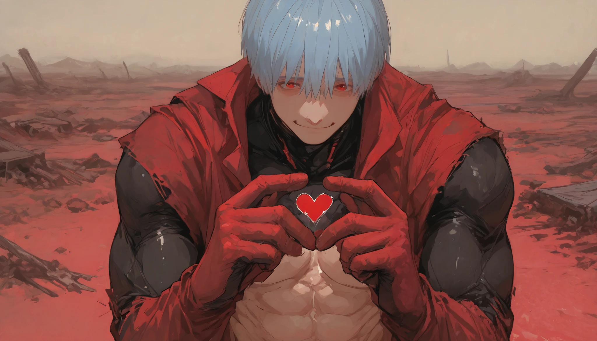 ((boy)),(( upper body)), torn clothes, bare abs, postcard with a heart in his hands, 8k wallpaper、 top quality、Cute poster、 top quality、 high detail、 top quality , Masterpiece, 748cm style , viewer, , upper body, smile,, V sign、 light blue hair 、 short hair、 Red Eyes、 Black plug suit、wasteland background, red canyons in the distance, destroyed base, postcard with a heart in his hands, (muscular man), (stalker clothes)