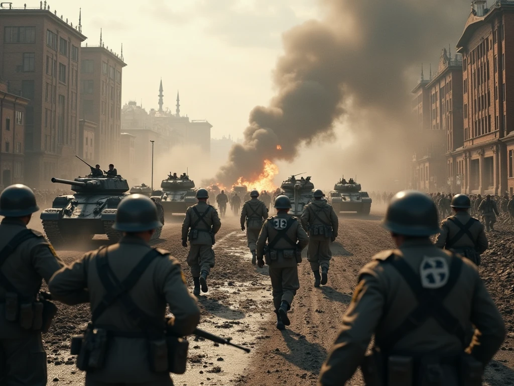 arafed image of a group of soldiers walking down a street, epic vfx shot, inspired by Adolf Hölzel, huge scene, anamorphic flares, people running away, epic diptych, beautiful shot, historical reenactment, by Erwin Bowien, destroying buildings, filmatic, fury --auto --s2
