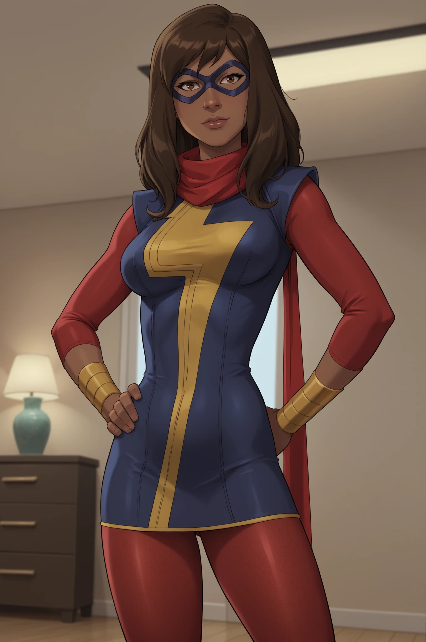 Khamala,brown eyes,dark brown hair, smile, covered nipples, solo, blush, from above,
KhanSuit,blue domino mask, red scarf, red and blue bodysuit with gold trim, blue footwear,
room, bed, hero wallpapers,
(insanely detailed, beautiful detailed face, masterpiece, best quality),
<lora:Khamalakhan-10v3:0.8>,