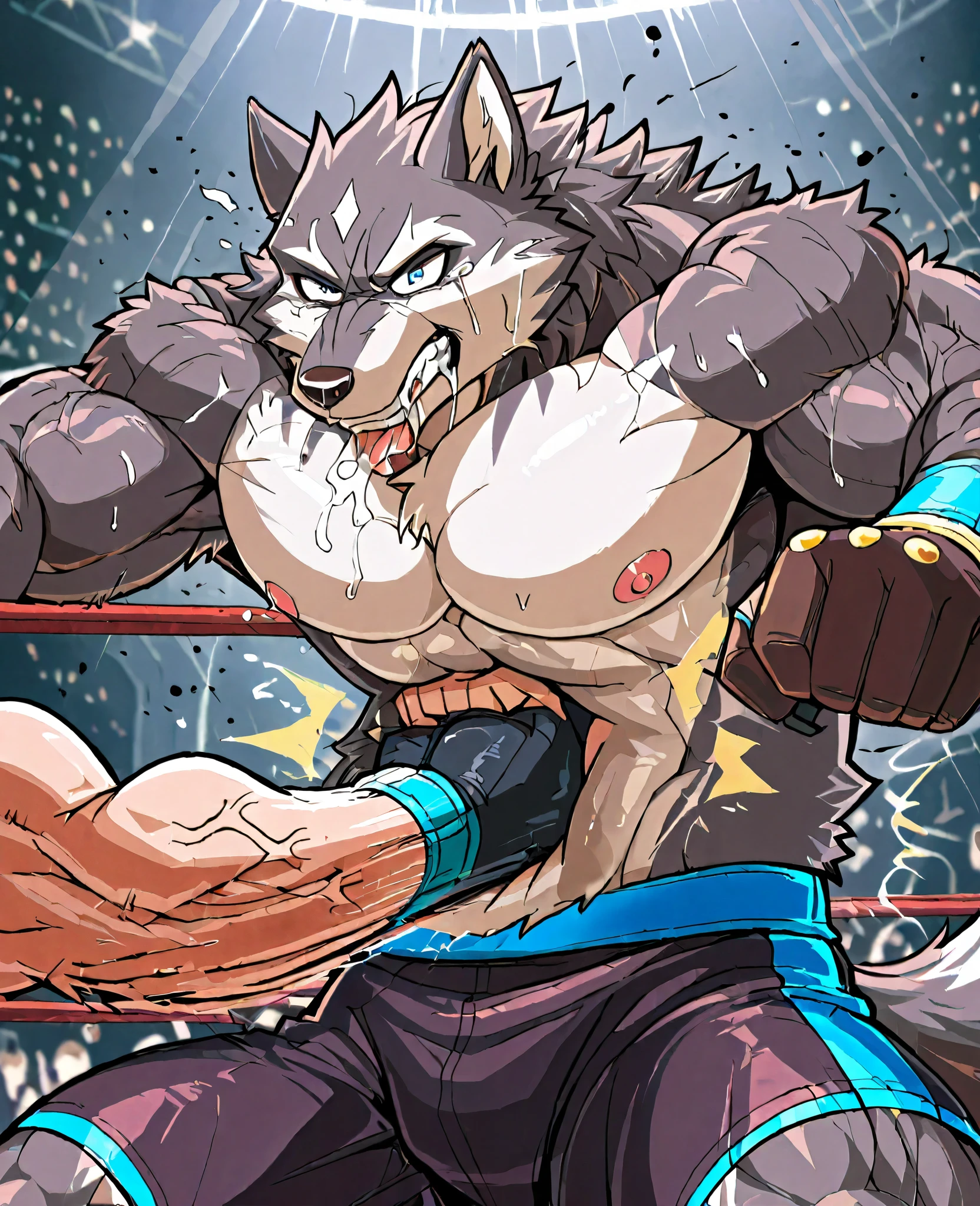 Anime art, Gutpunch, Punching in the abdomen, Furry, FurryBara,Depth, (best quality), The wolf character, which looks like two large muscular humans, standing side by side. The wolf on the left has dark gray fur with lighter spots and wears black boxing gloves with black shorts. Two wolves wrestling belly punches without shirt high quality straight belly punches belly punches belly punches squeeze belly big muscles big muscles destroy belly belly wolf bodybuilder straight belly punches belly belly straight belly punches fighting fighter wrestling wrestler straight belly punches belly punches