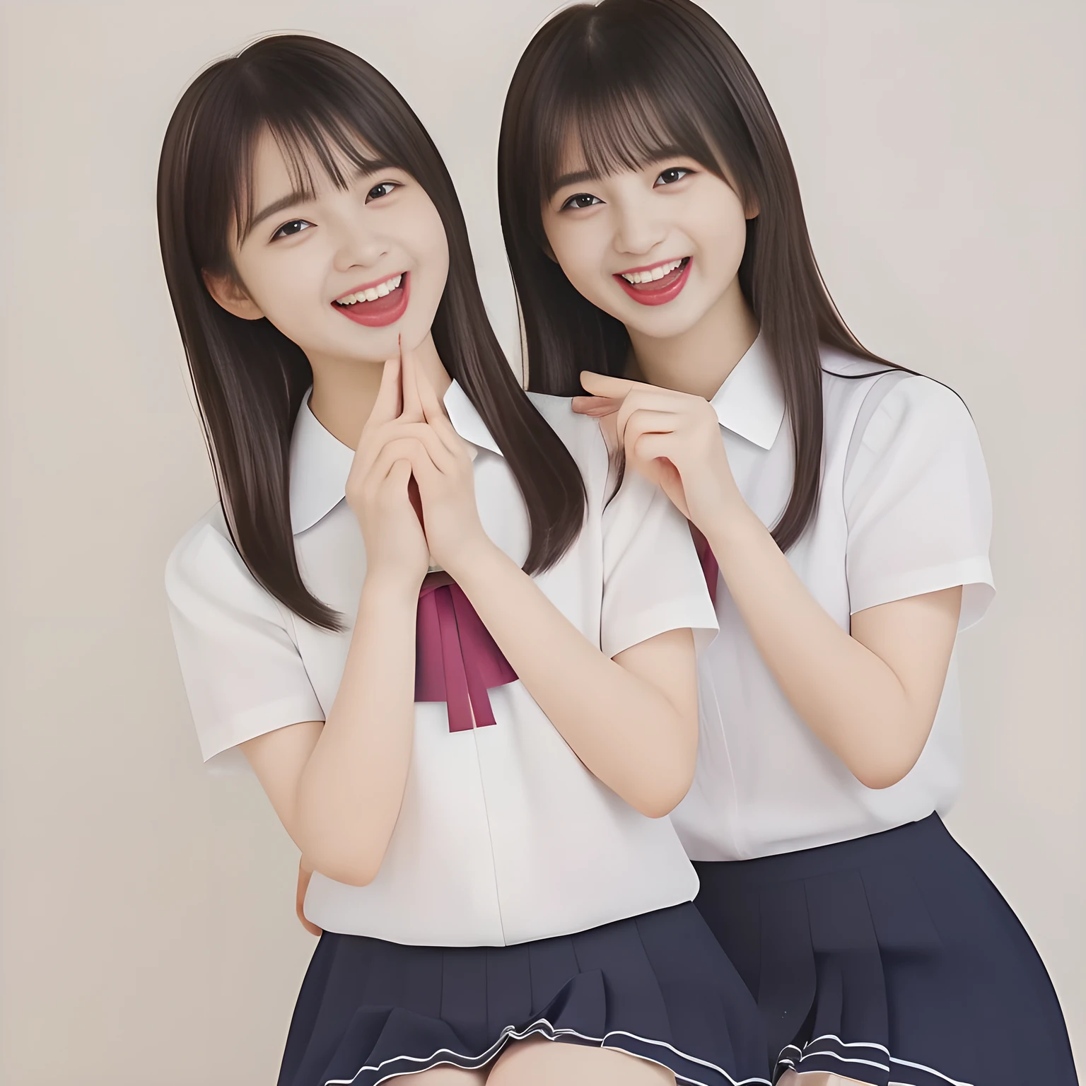 (highest quality, masterpiece, high resolution:1.2), 4K, (Photo quality detailed foreground: 1.2), geometry, ((Two yo too beautiful girls), Cute noble beautiful slender girl girly very-long-hair Japanese photo model seated in a white room and looking at the viewer with her too beautiful eyes like ( fashion model's laughter): 1.3), (Using expensive face-whitening cosmetics to make her skin more beautiful and pure by professional makeup artist: 1.5), (devious girlish fascinating laughter in bliss, devious girlish pose: 2.0), Laughing cutely, ((Dark blue) Japanese school girly vest Uniform with neat girly light-yellow short-sleeves school blouse, puffed short sleeves: 1.2), (white socks and school loafers, kicking back: 1.5), (Dark red glossy glossy school ribbon on the breast: 1.0), (Extremely laughing cheeks: 1.8), (Beautiful light-amber large clear open eyes with balanced and detailed cutely: 1.4), (double eyelids: 1.0), (highly curled bangs: 1.2), (Expressing the greatest joy with her whole body: 1.2), (Glossy lips: 1.0), (too long very straight hair reaches her hips: 1.7), (cute earrings), (making the viewer crazy with her beautiful hands: 1.6), (white and clear skin: 1.0), (Laughing 13 cute princess's eyes looking at me: 0.8), (Very shy, cute, slender, pretty, pretty, too girly & Girlish: National Beautiful Girl Grand Prix winners: 2.0), (Everything is organized to have strong effect of hypnosis for the viewer to fall into happy dream with many beautiful girls: 1.5), (The viewer must be transferred to the world of only beautiful girls right now when he sees the eyes of girls in the picture: 2),(Tight waist, slender: 1.5), (The neat girls know well about the viewer's super fetishism for school uniforms, and satisfies the viewer completely with skirt: 1.9)