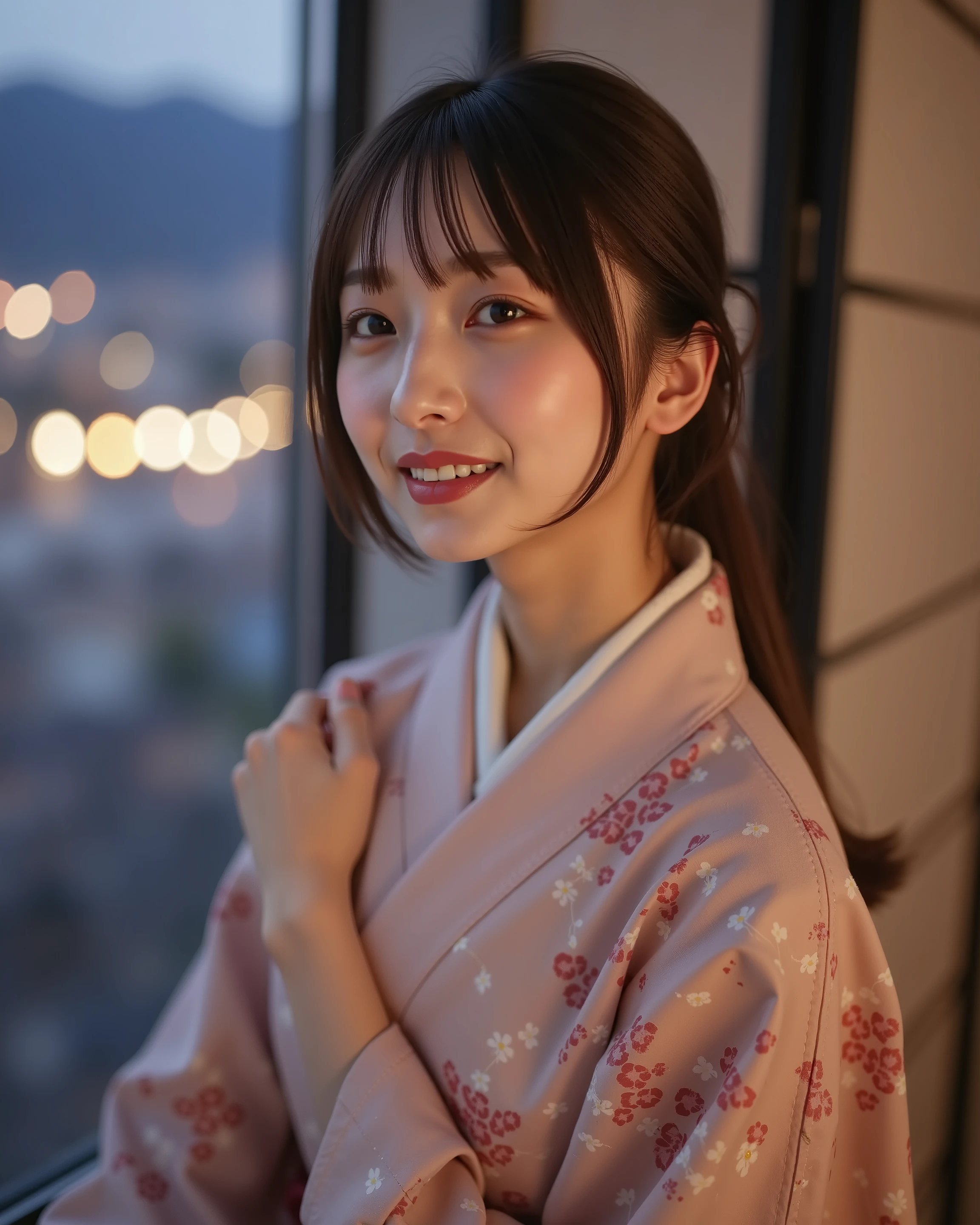 photorealistic, Alone, beautiful Japanese woman, traditional kimono, Natural appearance, soft smile, Impressive Gaze, traditional hairstyle in kimono , A Japanese Room At Dusk, sitting by the window, illuminated by city lights , ( Attractive Poses), professional photographer, Shallow Depth of Field, backlight,