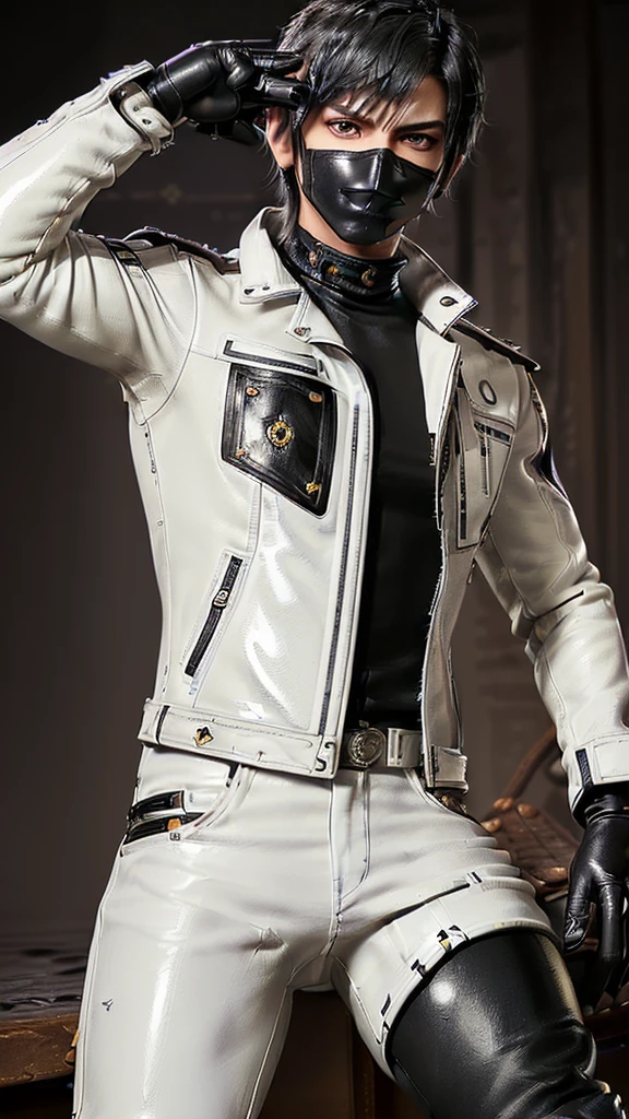 Final fantasy taste and reality graphics, Japanese young cute and cool ikemen  boy, his age is early 20s, thin eyebrows and beady eyes,  ((he wearing off white color leather  thick material jacket)), ((jacket is singlebrest)), biker style jacket, with epaulet, jacket is long sleeve, ((must close the front of the leather jacket)), , ((voluminous leather jacket)), ,((must jacket is high length and stand-up collar)) ((jacket collar with two belts)), ((jacket is a little black color line pattern)),((close the front of the jacket)), ((also wearing black thick material turtleneck lackluster shirts)),  ((tight black leather pants)),  ((black leather tight and thin glove)), ((black leather knee-high raceup boots)),((must views  head-to-toe)),((must views whole body)), ,((Do not show skin from the neck down)),leather jacket leather glove and leather pants have few wrinkles, Avoid showing your innerwear,zip up jacket fastner.must put on a leather glove.
Bous face is expression of ecstasy.
Boy is black hair.boy looks like fashion model.
((beige color packing tape)) ((gagged wrapped around his head)) ((packing tape covered his mouth))