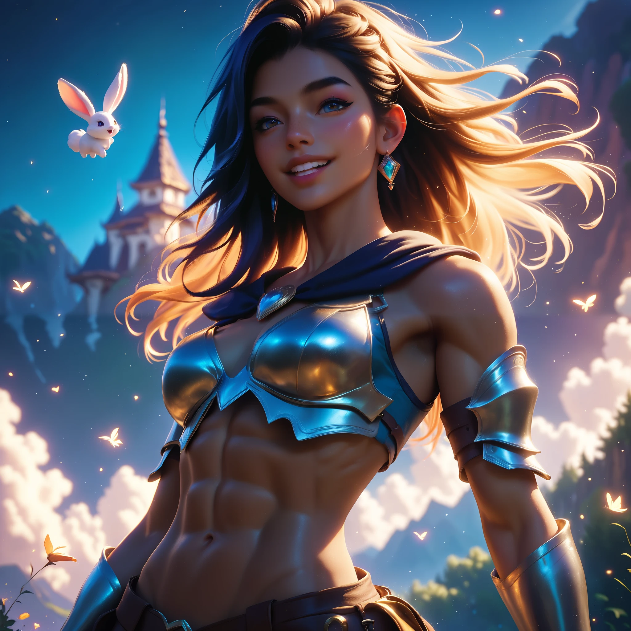 a stunning woman, younger than aged 20 old, with splendid long blond hair, she is tanned, with a sweet facial expression, she is in an enchanted forest dressed like a fantasy archer warriores with an happy white bunny near her, she is naked, fantastic body, slim abs, she is showing his slim body, he is wearing a light archer armour with a bow in her hand, while he see a golden sunset over the stunning mountains covered by dark clouds with fantasy bufferflies around