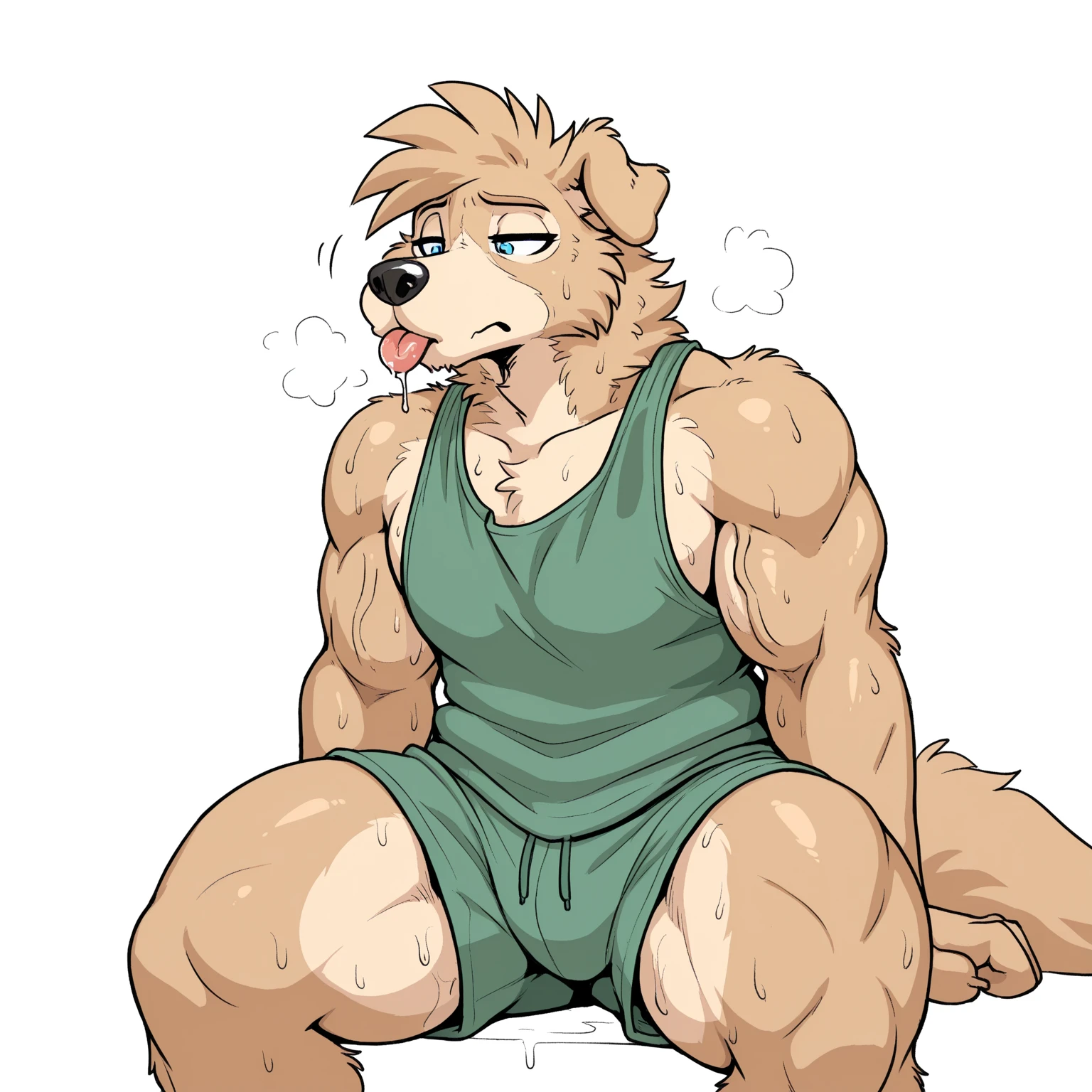 Sketch, By Haps, 1boy, abs, animal ears, anus, bara, bear ears, beard, belly, blush, brown fur, bulge, chest hair, cigarette, english text, facial hair, feet out of frame, from below, fundoshi, furry, furry male, japanese clothes, large pectorals, looking at viewer, male focus, male pubic hair, male underwear, mature male, muscular, muscular male, navel, navel hair, nipples, pectorals, plump, pubic hair, see-through, short hair, smile, smoking, solo, spread legs, stomach, thick thighs, thighs, topless male, underwear, underwear only, wet, wet clothes, white male underwear