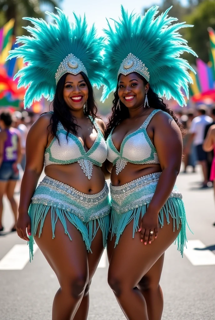 Two beautiful black Brazilian women、black hair、smile、Orange Peacock Feather根の冠、huge breasts、plump body、Orange Peacock Feather、Orange Micro Bikini、Orange knee-high boots、crowded with many spectators、Samba Carnival in Rio