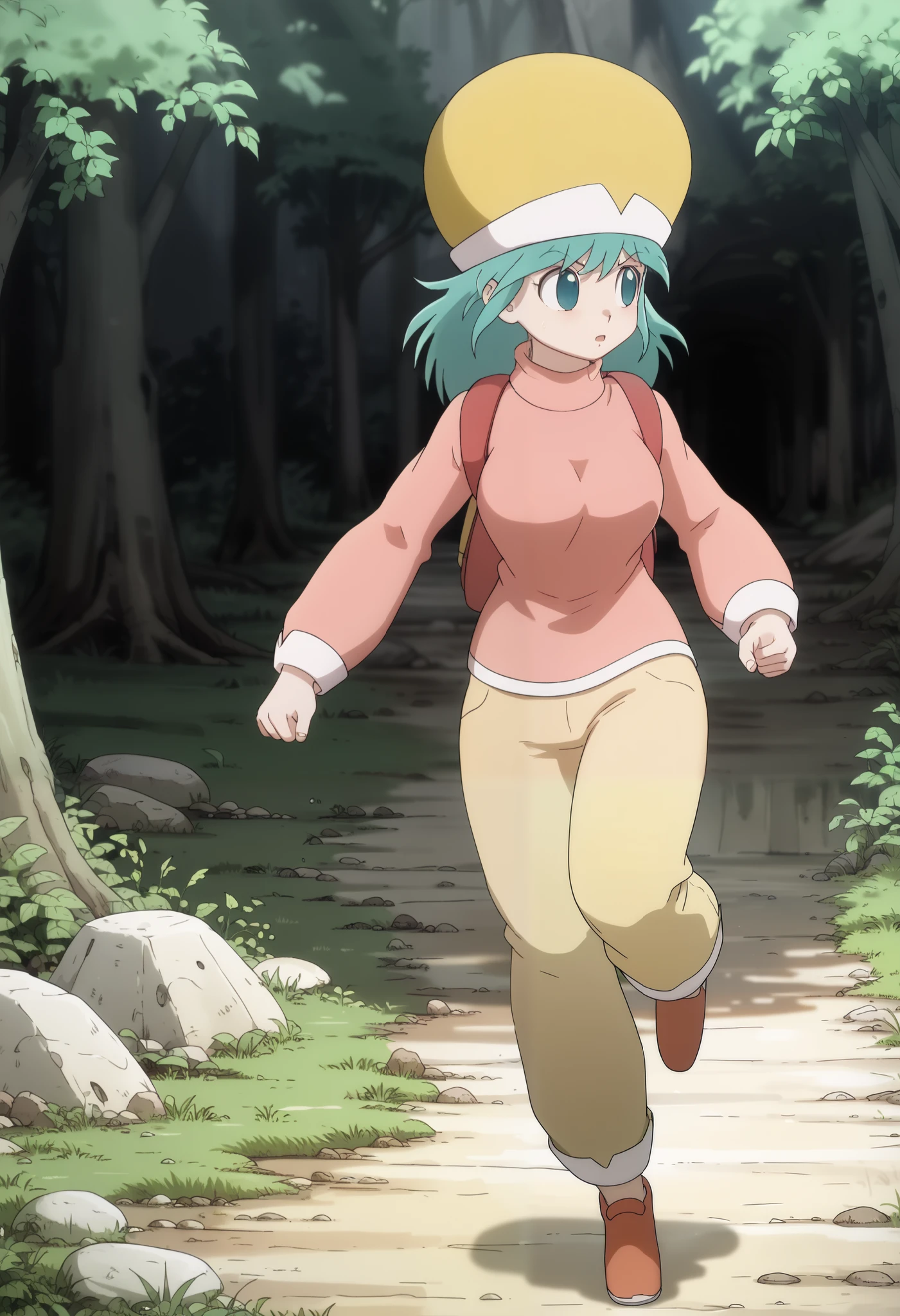 ponzu, hat, light blue hair, light blue eyes, solo, score_9, (ultra nude breasts:1.2, ultra huge tits:1.2, ultra huge cleavages:1.2, ultra huge boobs:1.2), long sleeve pink shirt, red long pants, backpack, shoes, in deep forest, trees, grasses, rocks, solid floor, solid ground, dark atmosphere, dark interior, besides, exterior abandoned concrete wall house, old, shabby messy, sweat face, (((((running, run away action:1.25, escape motion:1.25))))), side angle, side view,