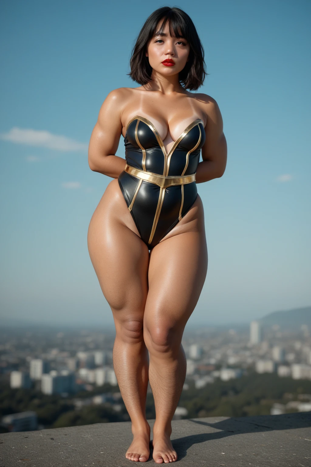 full body, whole body, solo, female, short white silver bob hair, big breast, yellow bikini, hands on hips, hands on waist, navel, lustful smirking smiling, smile red face, metal shoulders, gold sleeveless armbands, black leather choker collar, shackle bracelet, pauldrons, breastplate, leather corset, eye focus, loincloth standing, metal sandals, twin big belt, view from below, feet together, bracers, tiara