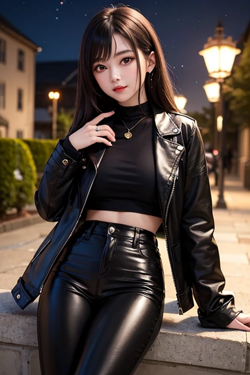 ((17 age)),​masterpiece,8K,(((Sana)))The ultra -The high-definition,８ｋPortrait,masutepiece,Best Quality, Extremely detailed, Best Quality++, Ultra-detailed+, Dynamic Angle,High resolution,(Beautiful Woman 1.3),(Milk 1.3),(Beautiful Silver Hair Pink Highlight Hair 1.1),Long hair,Shiny hair,Light green eyes,(((Beautiful gal makeup))),Purple Leather Jacket, Purple tight skirt, Riding a motorcycle, Holding a helmet, Night, Neon City, Black Inner Tank Top,Tanned skin,Put your hair over your ears