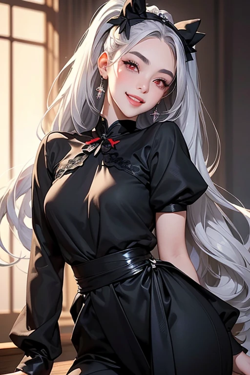 1 long bob hair girl, gray hair, Hair covering the eyes, messy hair, red eyes, interval, minx, tall woman, big bust, Bent, She is wearing a long light brown coat., shirt, black pleated skirt, leaning against wall, pout, The cafe behind her, chill, cozy atmosphere, Rainy,