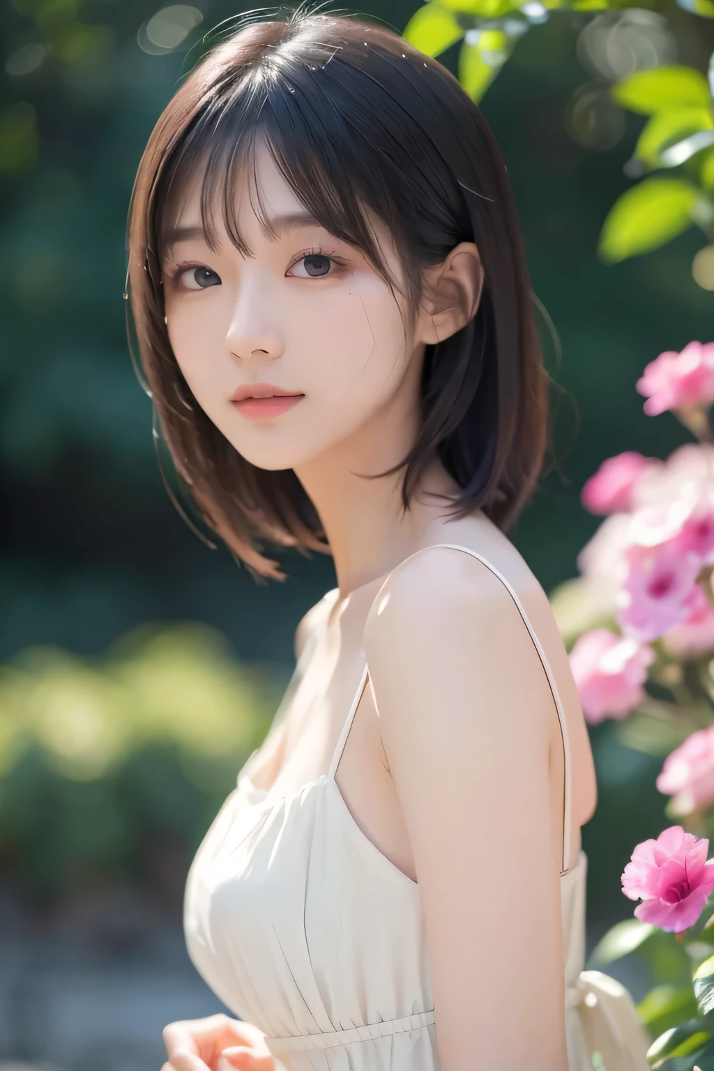 Ultra-high resolution、(masterpiece:1.3), (8K, Best image quality: 1.4)、 (Real:1.4)、One beautiful woman、Beautifully detailed eyes and skin、Micro Smile、Sweat on sunburned skin、Light brown short hair、Strong winds、Hair swaying in the wind、Summer color T-shirts、Small Bust、White flowers in the meadow々、wood々Large white flowers blooming in、枝woodの向こうに海、Cloudy dusk、Cloudy Sunset、dusk、