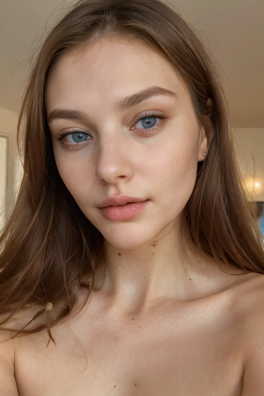 an intimate close-up of a stunning woman, highlighting every nuance of her face, from her mesmerizing blue eyes to her gracefully styled brown hair that perfectly accentuates her unique beauty