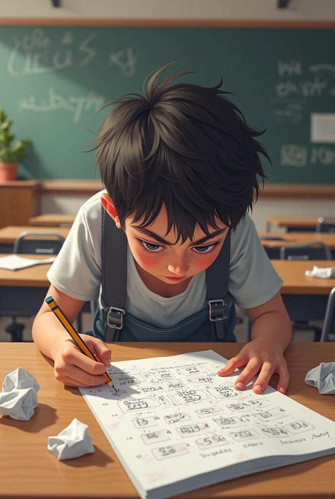 A highly realistic image of the same young boy, around with short black hair, sitting alone at a small desk in a brightly lit classroom. The boy is wearing his usual striped shirt and dark pants, with a focused and determined expression on his face. In front of him are several open notebooks filled with neat handwriting and completed assignments. A pencil is firmly held in his hand as he writes, his posture upright and attentive. The classroom is empty, with rows of neatly arranged desks and a large chalkboard in the background filled with notes and math problems. Sunlight streams in through the window, casting a warm glow on the boy’s concentrated face. The scene captures a moment of quiet achievement and self-reliance, as the young boy demonstrates his ability to succeed academically through his own hard work and determination.
