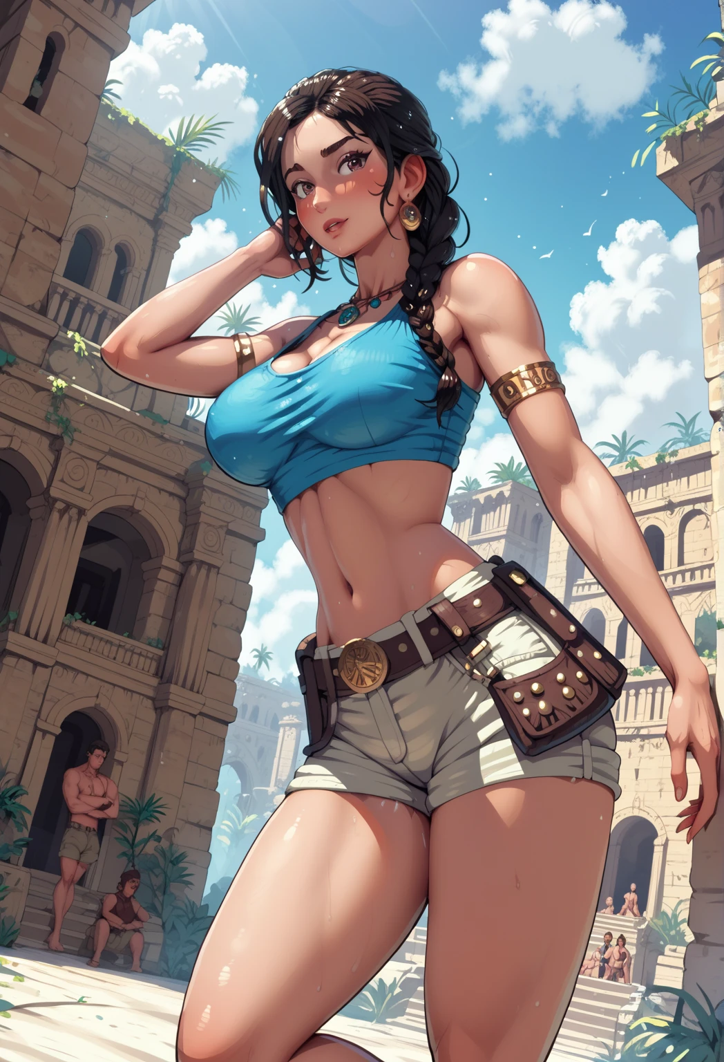 (masterpiece), best quality, expressive eyes, perfect face, Nico Robin in Egyptian ruins, (Egyptian Ruins background), (walking), (smirk), (closeup view), (1girl, Nico Robin face, dark skin, tanned skin, tan, black hair, bangs hairstyle, brown eyes, hourglass figure, thick body, curvy body, large breasts, huge breasts, oppai, large cleavage, wide hips, thick thighs, (tight fit clothes, white button shirt, rolled-up sleeves, croptop, exposed cleavage, brown yoga shorts, cameltoe, boots, brown cowboy hat, tribal jewelry, tribal armlets, tribal earings, tribal necklace, tribal bracelets, waist belt, hiking backpack),