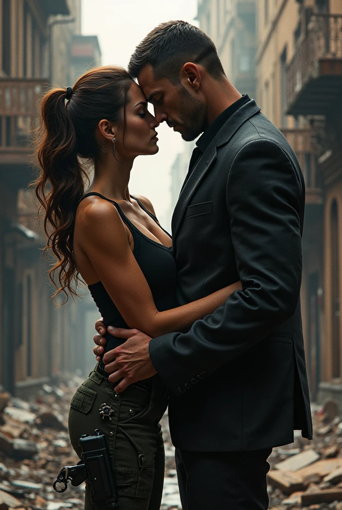 Couples a musluar man and a girl, they both are hugging eachother, they both holding gun in her hand. While that man is lifting her chinup with his gun. Man wearing white t-shirt and girl wear red dress