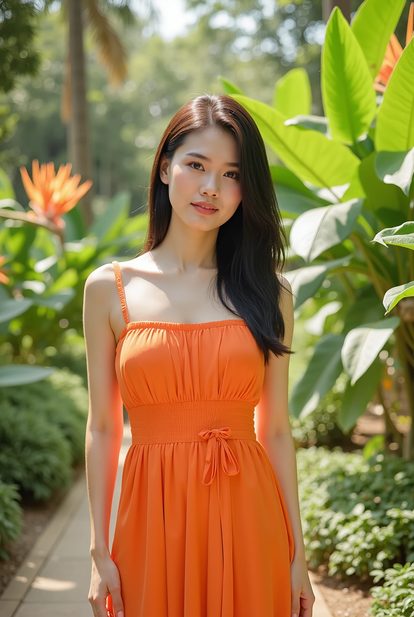 dutch angle, realistic photo of an Asian woman, she wearing on orange color sundress with bare shoulder, standing in a tropical garden, summer vibe, depth of field, bokeh
