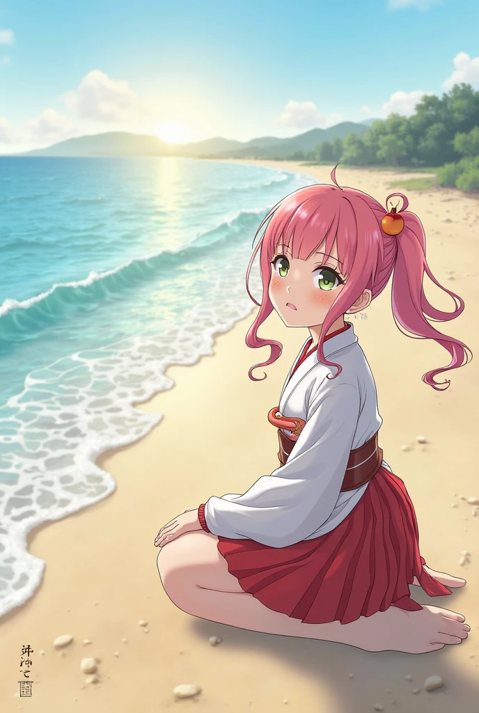 Pale pink hair, girly, red triangle horns, ruby green iris, seaside reef, standing back, turning back, hands behind hands, summer evening breeze blowing
