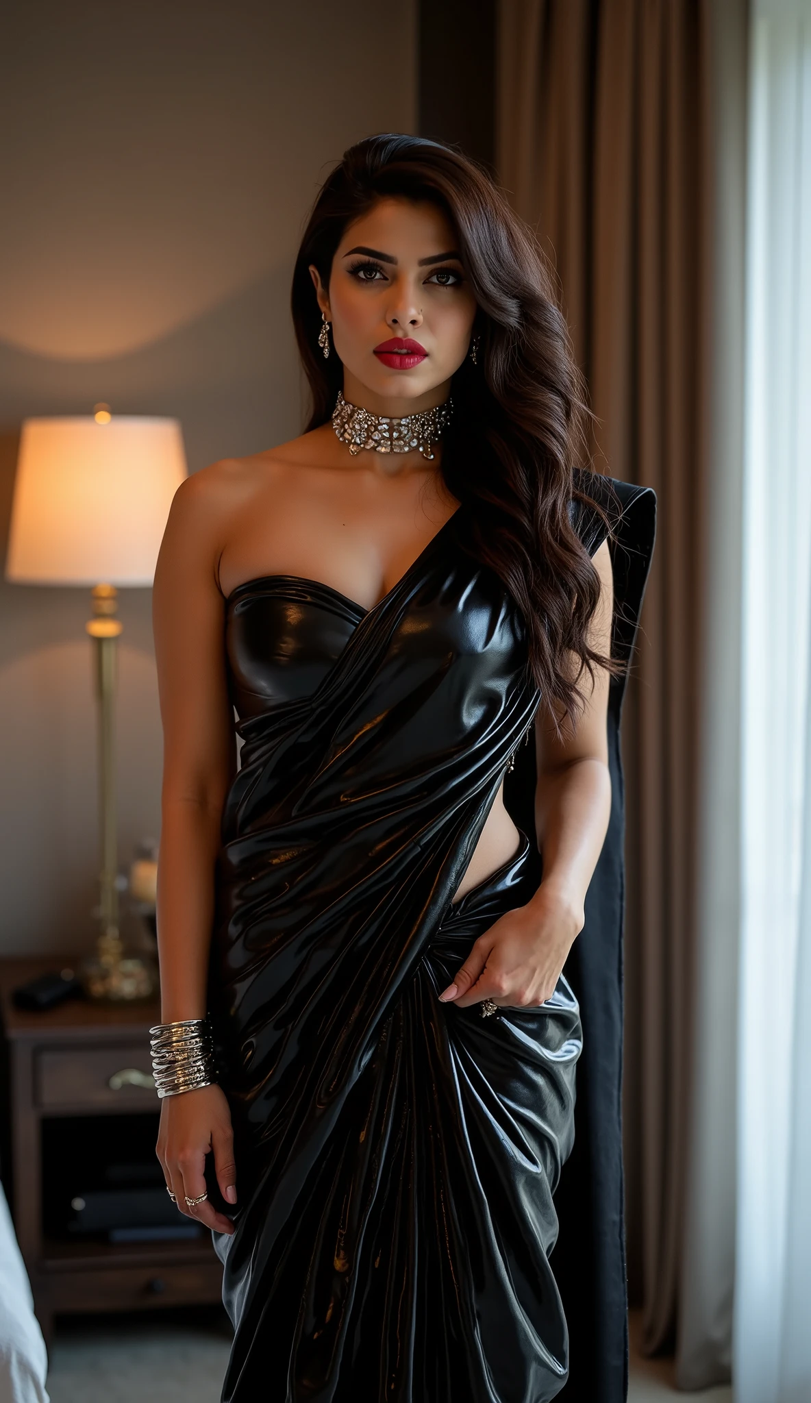 Full body photo of PriyankaChopraFlux wearing black shinny latex indian traditional saree, giving strict mistress pose inside modern bedroom of high rise apartment, seductive behaviour looking at camera with evil horny expression, lots of heavy makeup, black kajal, eyes shadow, juicy red lipstick, highly detailed, hyper realistic, dramatic lighting, photorealistic, masterpiece, 8k, vibrant colors, visually stunning, beautiful, captivating, elegant, sensual, full body shot , fancy hairs, big breasts