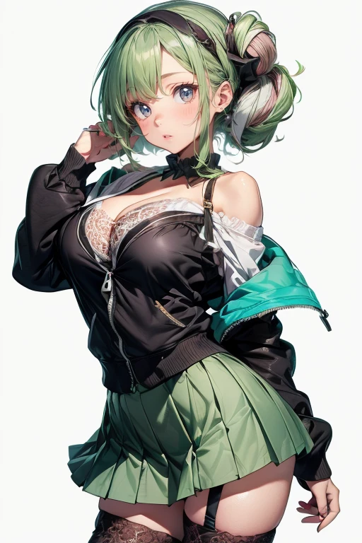 (cowboy shot: 1.5), (white background, simple background: 1.5), (masterpiece:1.5), (big breasts: 1.5), (1 girl: 1.5), young woman, (Beautiful Girl:1.5), (extremely detailed and delicate anime face and eyes:1.5), whole body, (natural light, HDR, extremely details CG:1.3), (dynamic posture: 1.3), {correct body anatomy}, (wide hips: 1.3), (perfect hands: 1.5), single focus, toned body, Beautiful Lips, thick lips, {surreal}, {correct posture}, {minutes details}, {detailed body}, {detailed clothing}, (Bright Eyes: 1.3), (cleavage: 1.3), {accessories}, {sexy}, (Short blazer: 1.5), long sleeves jacket, (open jacket: 1.5), (puffed sleeves: 1.3), (wide sleeves: 1.3), one-piece dress, (wide sleeves: 1.3), (school dress: 1.5), (pleated dress: 1.5), (dress with frills: 1.5), (skirt with lots of frills: 1.5), (white lace-trimmed legwear: 1.5), white thighhighs, (Hakama bow: 1.3), hair flower, (black heels shoes: 1.3), jewelry, (bowtie: 1.5), earrings, (hair bow: 1.3), (long hair: 1.5), (two-tone hair: 1.5), (light blue hair with green streaks: 1.5), hair loop, (bun hair: 1.3), donut hair, (hime cut bangs: 1.5), very thick hair, (hair over eyes: 1.3), glowing hair, (bright light yellow eyes: 1.3),