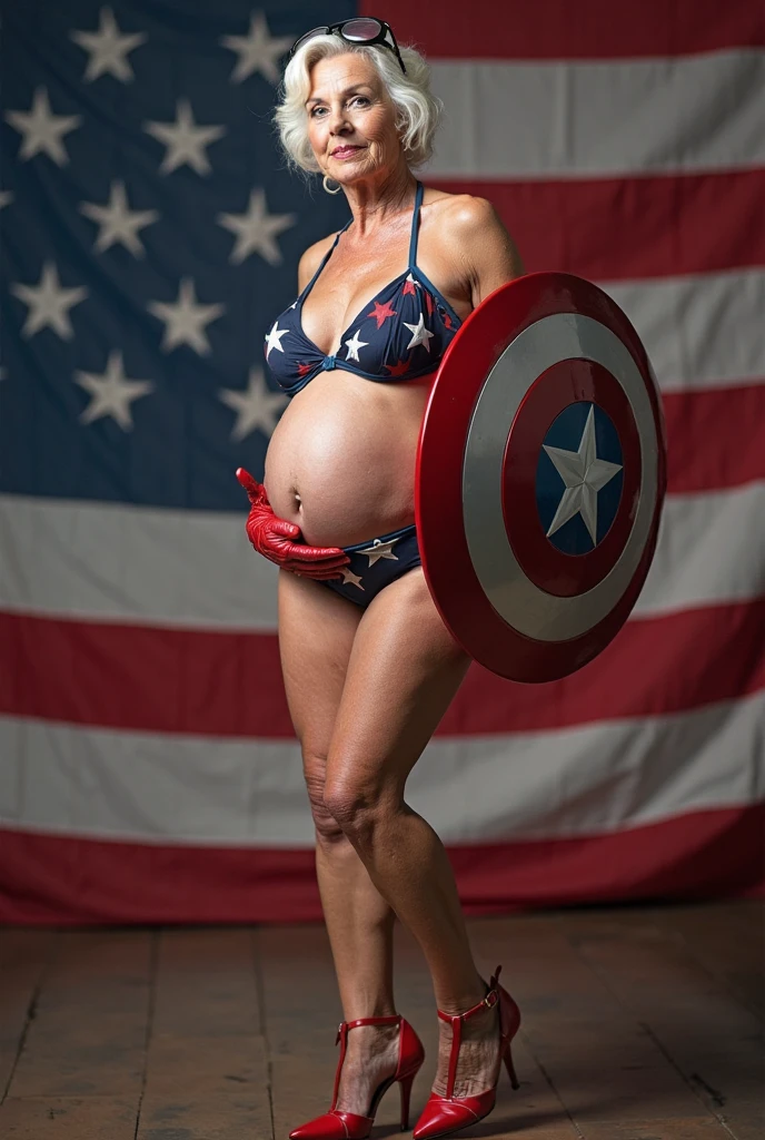 American woman, wavy blonde hair color, is wearing a bikini with the American flag, and has a large prominent pregnant belly and has a large bust, and wide hips.