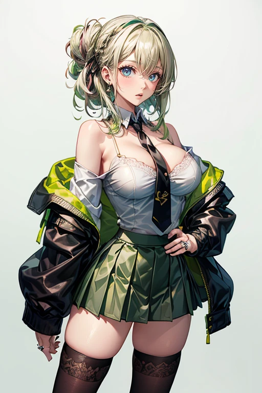 1female，Bigchest，girl soldier，Raised sexy，The kinky is exposed，green colored bomber jacket，nakeness，skinny pants，extremely large bosom，big breasts thin waist，long leges