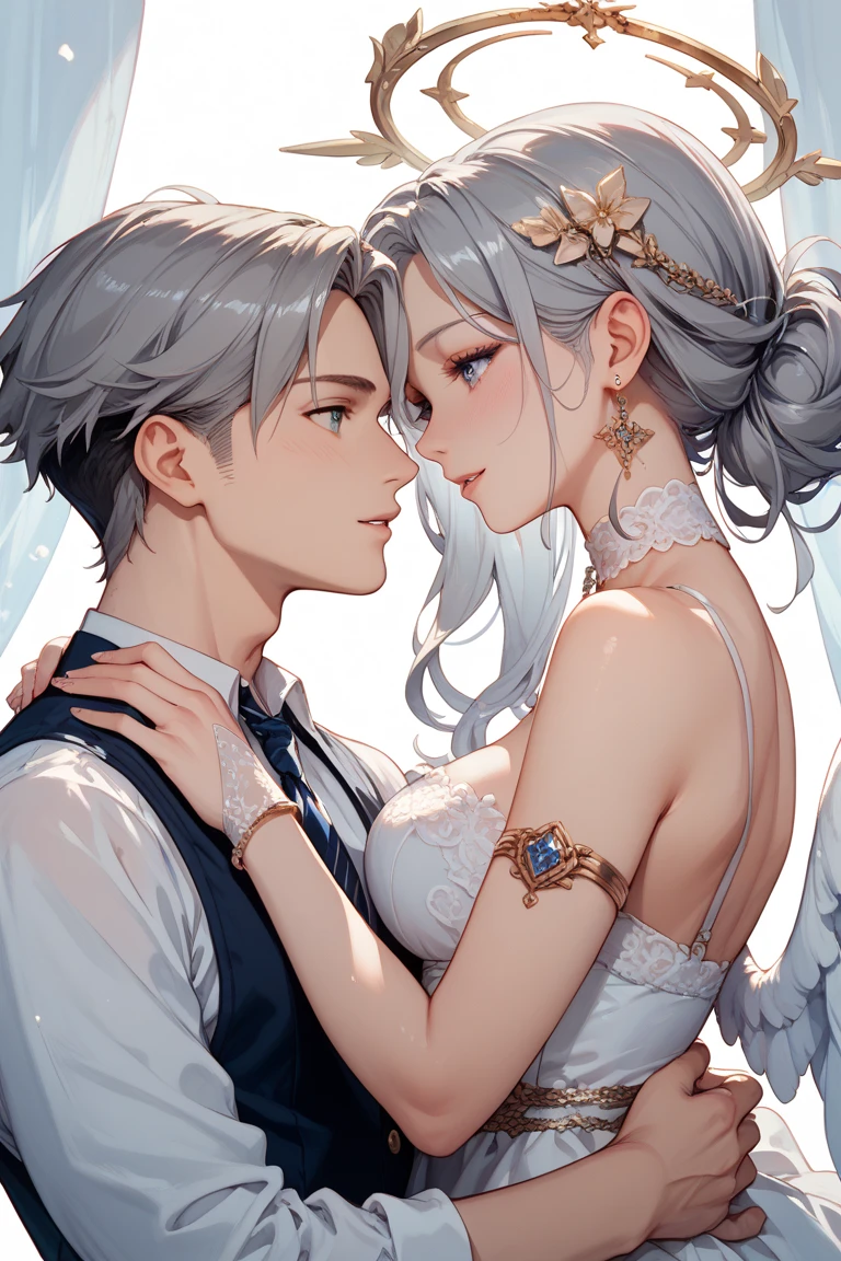 masterpiece, high quality, High resolution, super detailed, perfect anatomy, handsome boy, beautiful eyes, beautiful girl,((((1 boy and 1 girl)))),((couple)), duo, silver hair, nsfw, hug