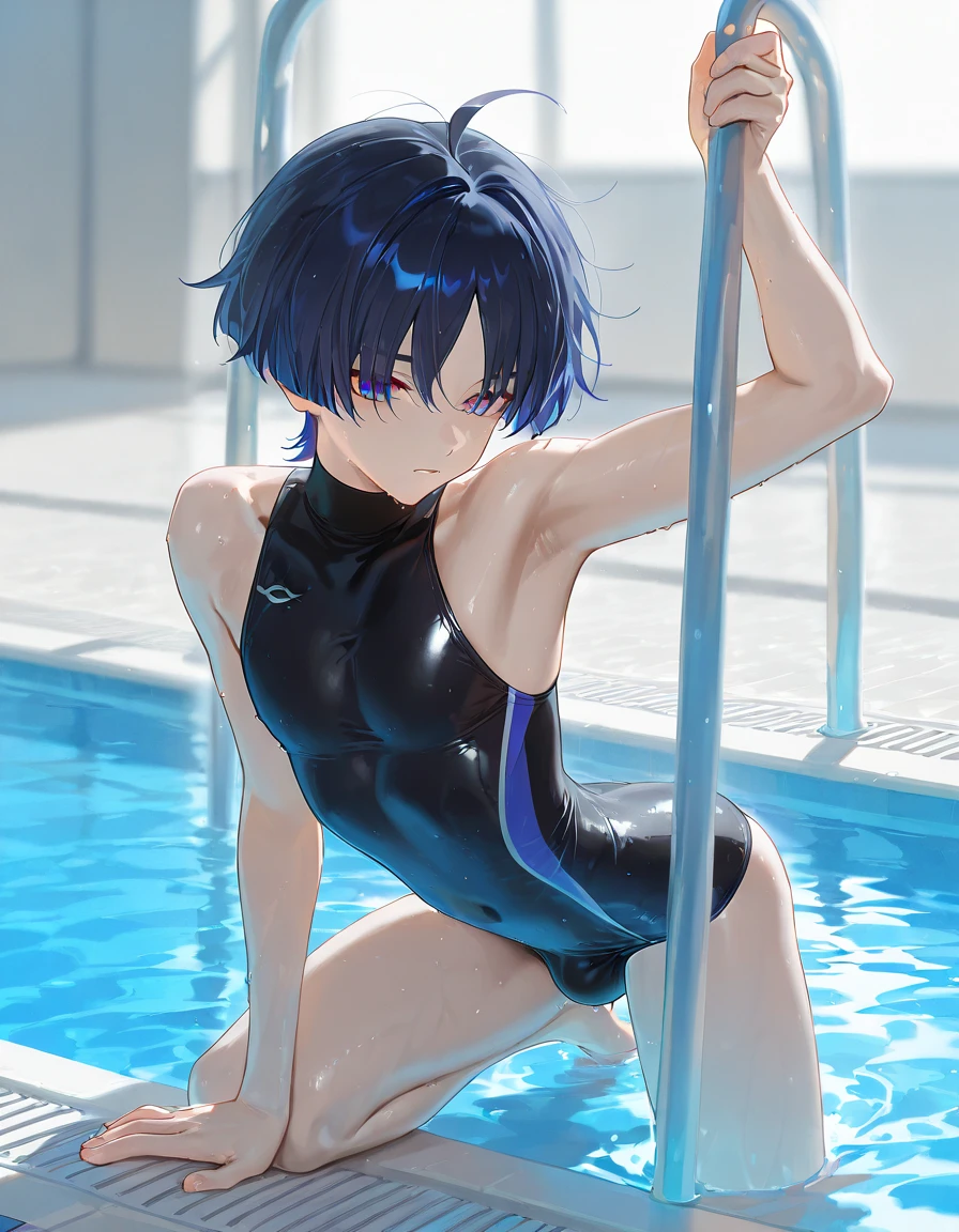 18 year old black man, Dark Skin、Visible nipples、Berry Short、boyish、small size of breasts, Flat Chest、Sidelim body, Squat posture、Spread your legs, Spread your legs, Only one girl, One piece swimsuit、Navy blue school swimsuit、Front of body、looking at the camera、Scared、Shame play、Embarrassing、Are crying、Flowing Tears、barefoot、Girl urinating outdoors、Armpits、Armpit hair、Hands behind head