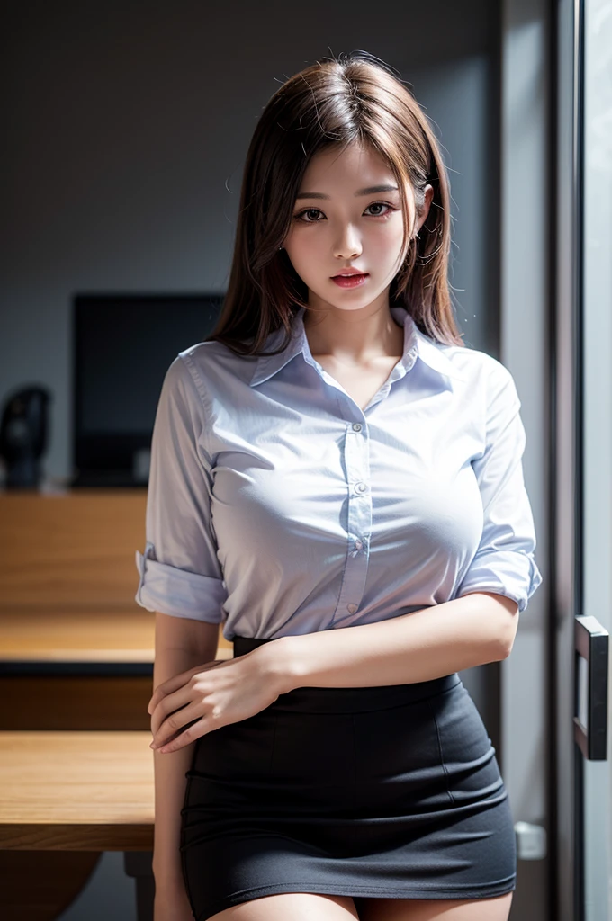 8K quality、High resolution、Sexy suit woman、Realistic skin texture、High resolutionの肌、、Princess Hair、thin、Small breasts、Open the mouth to reveal a realistic tongue、Thin legs、、Full Body Shot、Moist lips、Sitting at a desk looking at documents、Wear a cardigan over an unbuttoned shirt