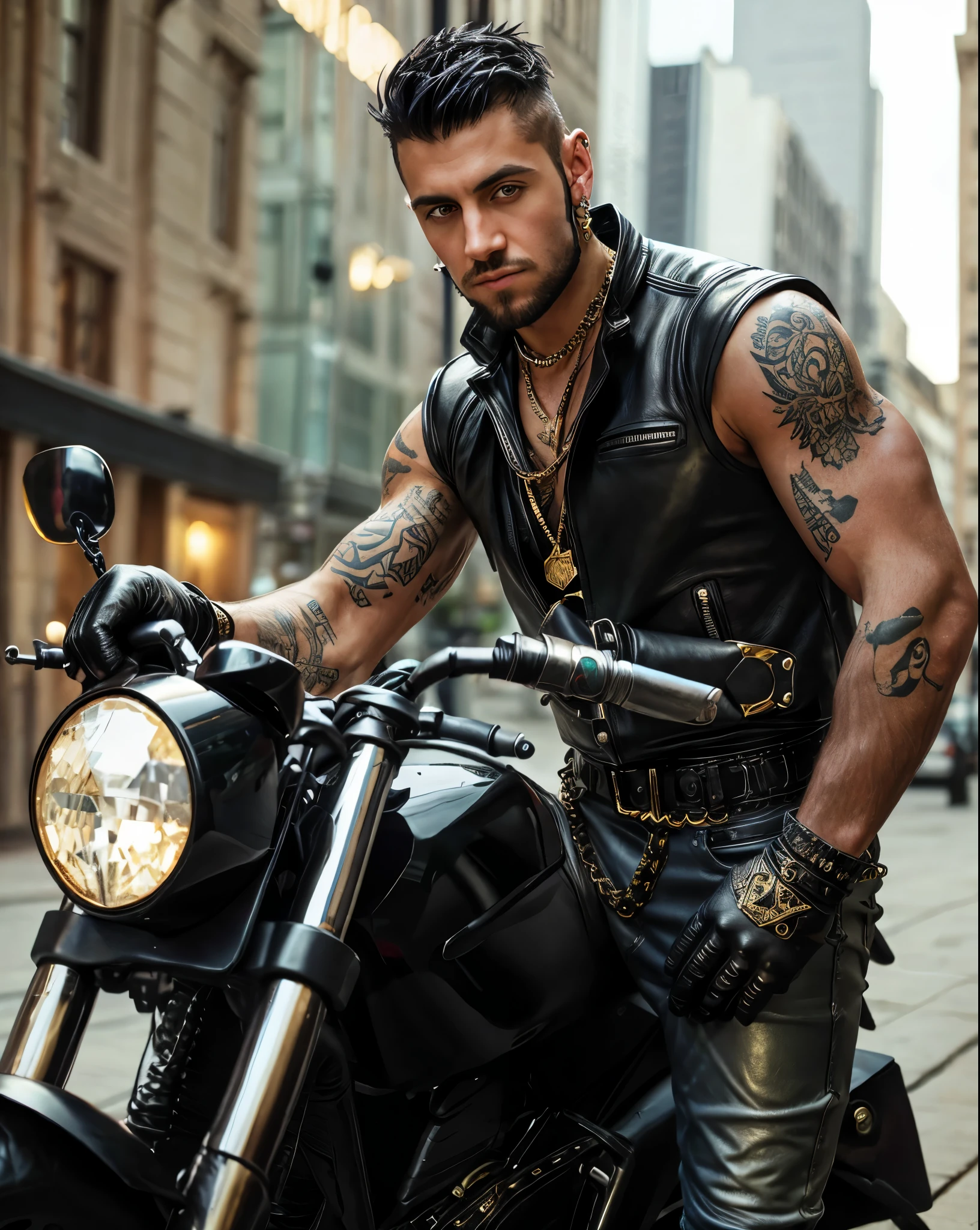 Roman Todd, black mohawk, beard, diamond earrings, tattoos, black leather, black leather gloves, golden necklaces, black leather pants, highly detailed, photorealistic, 8K, HDR