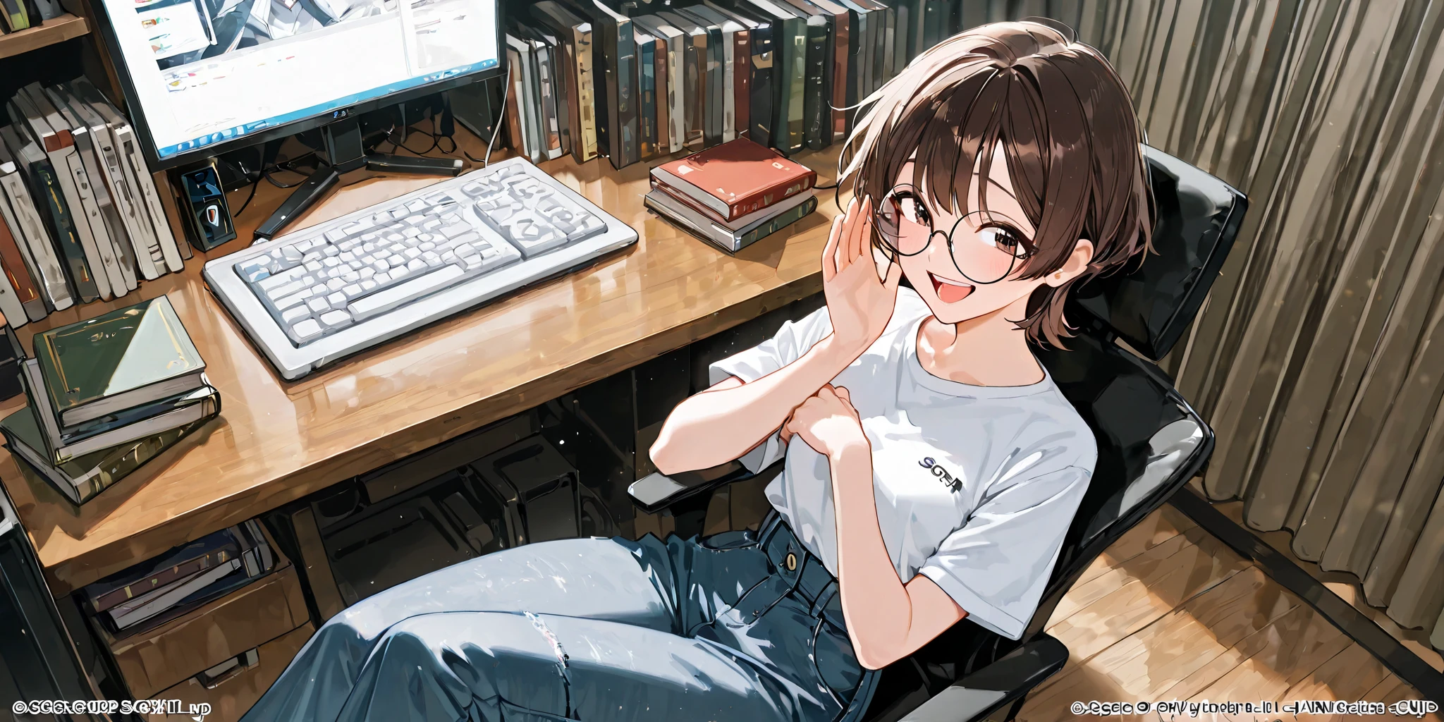 score_9, score_8_up , score_7_up , score_6_up , score_5_up , score_4_up ,4K, 8k, 1 woman, デスクトップ computerでゲームをしている, dark brown shortcut , white t-shirt,  high-waisted denim wide trousers, Round black rimmed glasses , Books,  computer, A simple and stylish room, great joy, burst out laughing, cracking up