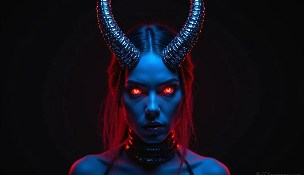black background. The image depicts a red-eyed demon-like face standing in front of a menacing female figure with horns made of shiny chrome. The scene is dominated by neon blue and red tones, reflecting a cyberpunk and dark fantasy aesthetic.